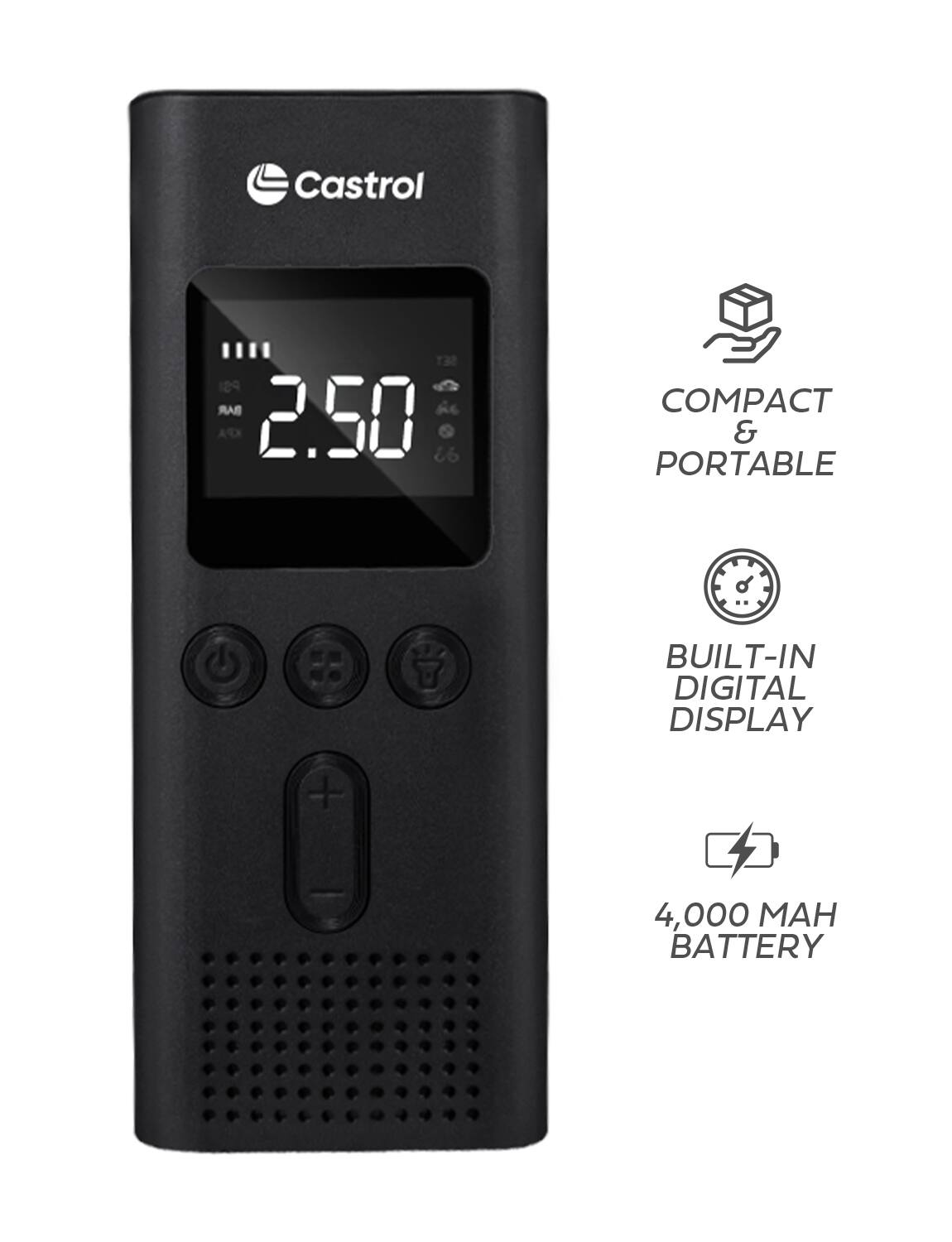 Castrol SET PSI Ac A 2.50 i6 COMPACT & PORTABLE  
BUILT-IN DIGITAL DISPLAY + 4,000 MAH BATTERY