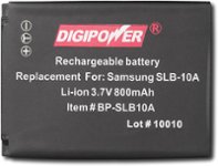 Front Zoom. Digipower - SLB10A Rechargeable Lithium-Ion Battery for Select Samsung Digimax Digital Cameras.