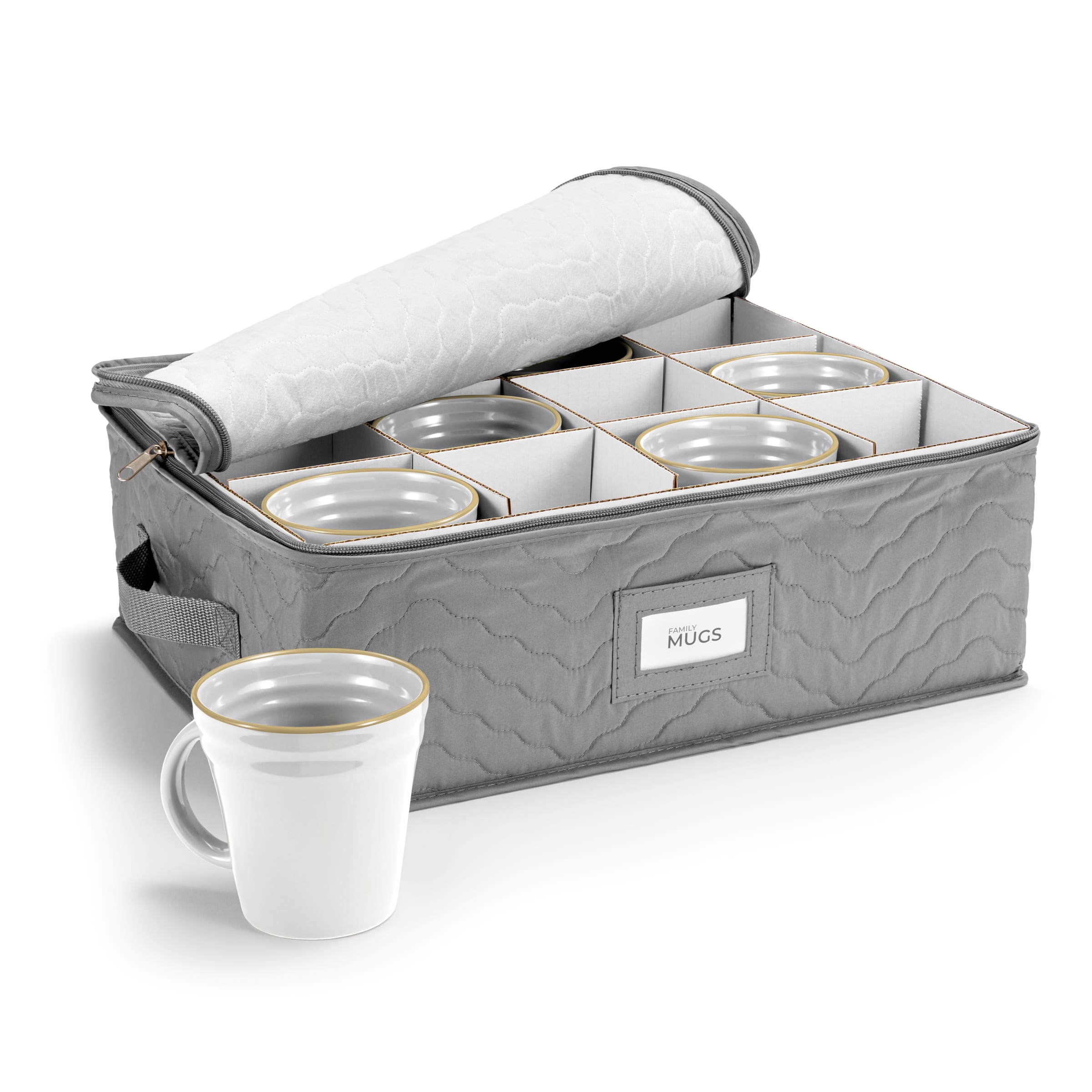 Sorbus - Quilted Coffee Mug Storage Case - Features label windows, handles, and dividers for 12 Mugs/Glassware - Gray