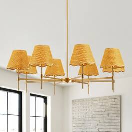 Loheer - Gold Boho Chandelier, 8 Light Rattan Pendant Fixture for Dining Room and Living Room