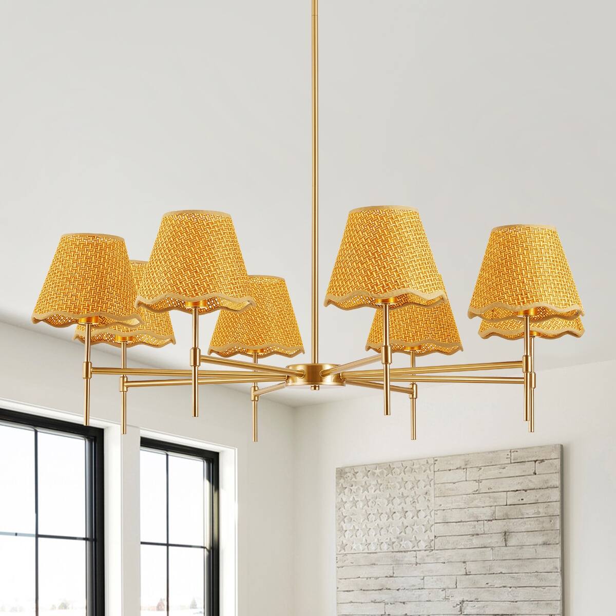 Front. Loheer - Loheer Gold Boho Chandelier, 8 Light Rattan Pendant Fixture for Dining Room and Living Room.