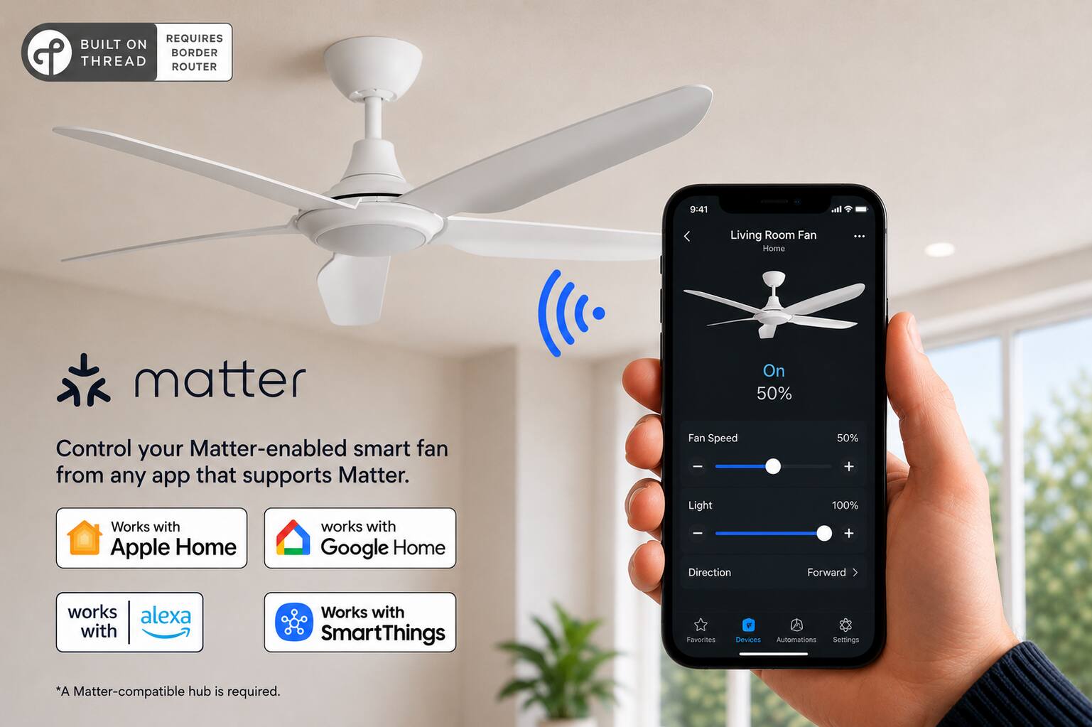 REQUIRES BUILT ON BORDER THREAD ROUTER

9:41

Living Room Fan Home

Control your Matter-enabled smart fan from any app that supports Matter. Works with Apple Home Google Home

Fan Speed - Light - Direction

50% + 100% + Forward

works alexa with

Works with SmartThings

Favorites

Devices Automations Settings

*A Matter-compatible hub is required.