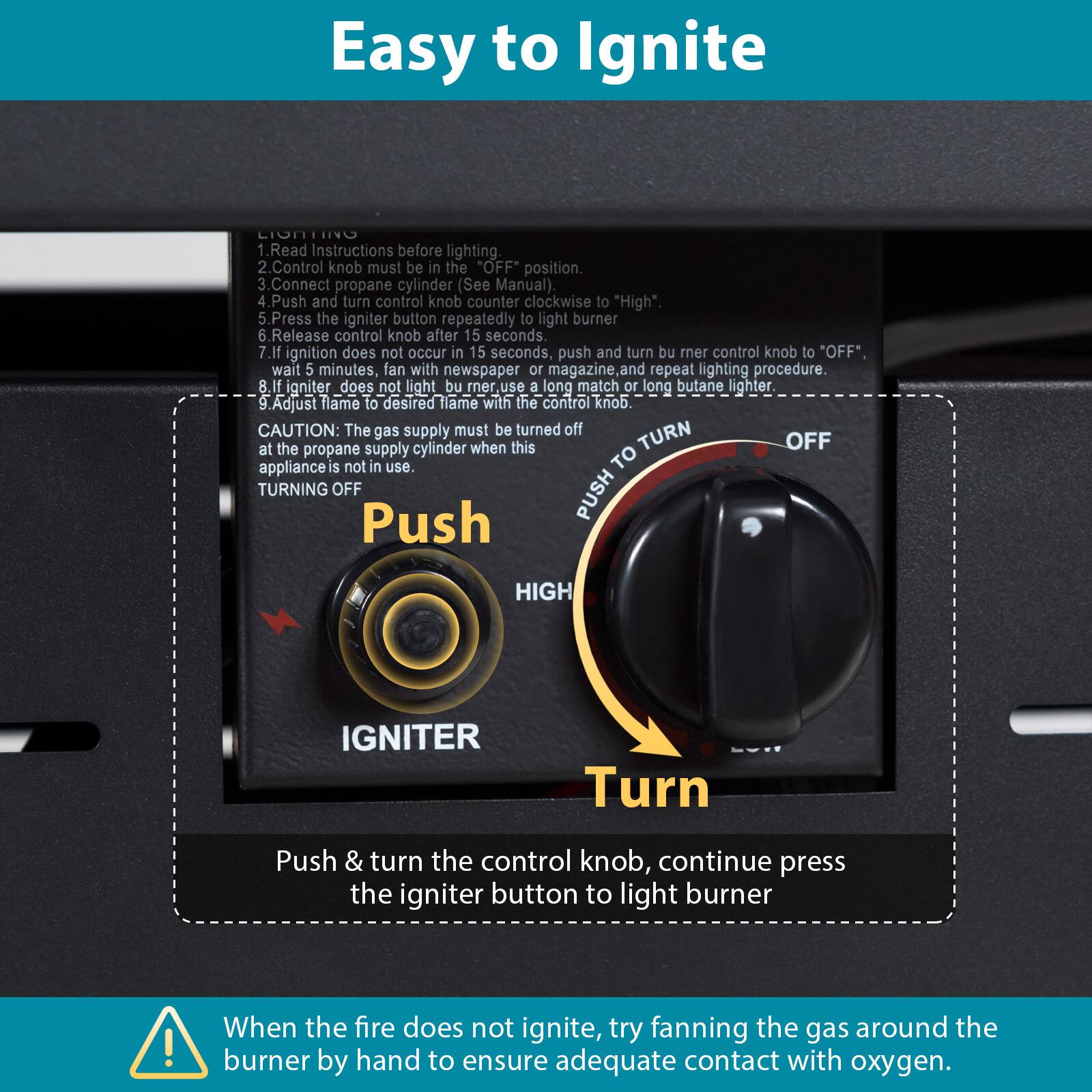 Easy to Ignite

1. Read Instructions before lighting.
2. Control knob must be in the "OFF" position.
3. Connect propane cylinder (See Manual).
4. Push and turn control knob counter clockwise to "High".
5. Press the igniter button repeatedly to light burner.
6. Release control knob after 15 seconds.
7. If ignition does not occur in 15 seconds, push and turn burner control knob to "OFF", wait 5 minutes, fan with newspaper or magazine and repeat lighting procedure.
8. If igniter does not light burner, use a long match or long butane lighter.
9. Adjust flame to desired flame with the control knob.

CAUTION: The gas supply must be turned off at the propane supply cylinder when this appliance is not in use.

TURNING OFF
Push & turn the control knob, continue press the igniter button to light burner!

When the fire does not ignite, try fanning the gas around the burner by hand to ensure adequate contact with oxygen.
