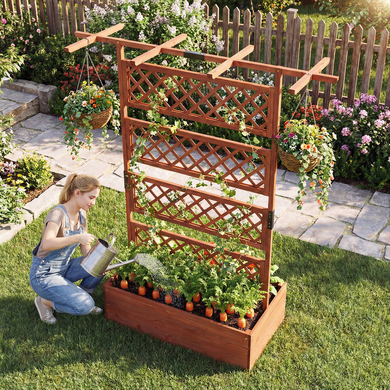 Alt View 1. Gymax - Gymax 72'' Wooden Planter Box w/Lattice Trellis Flat Roof Drainage for Climbing Plant Brown - Brown.