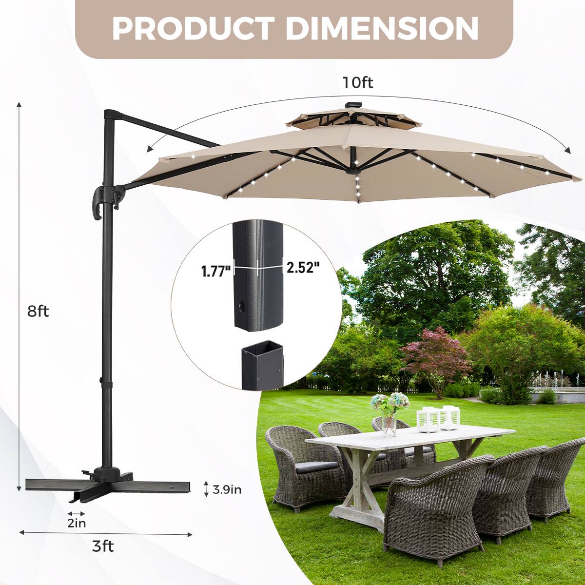 PRODUCT DIMENSION

10ft  
1.77"  
2.52"  
8ft  
3.9in  
2in  
3ft
