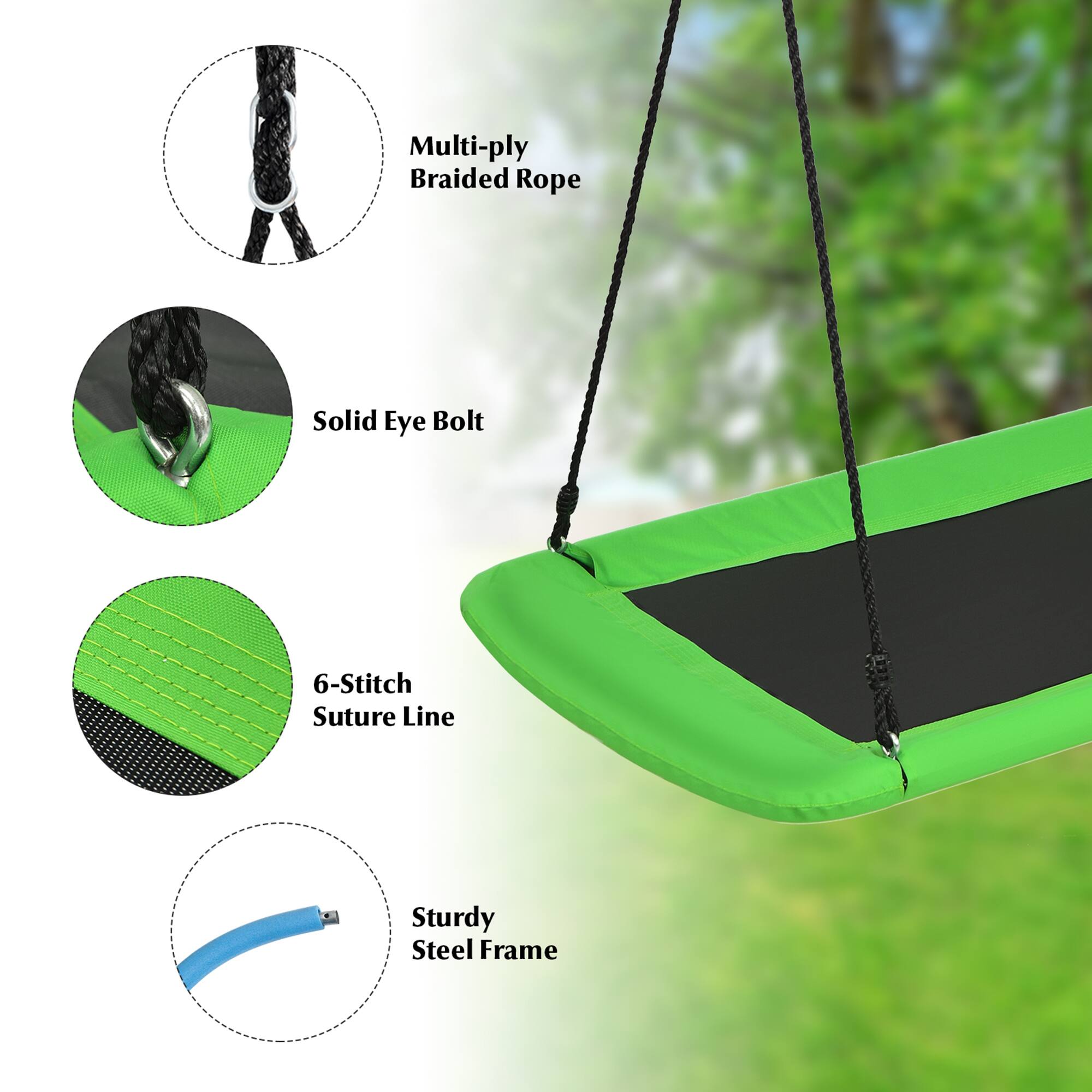 Multi-ply Braided Rope  
Solid Eye Bolt  
6-Stitch Suture Line  
Sturdy Steel Frame