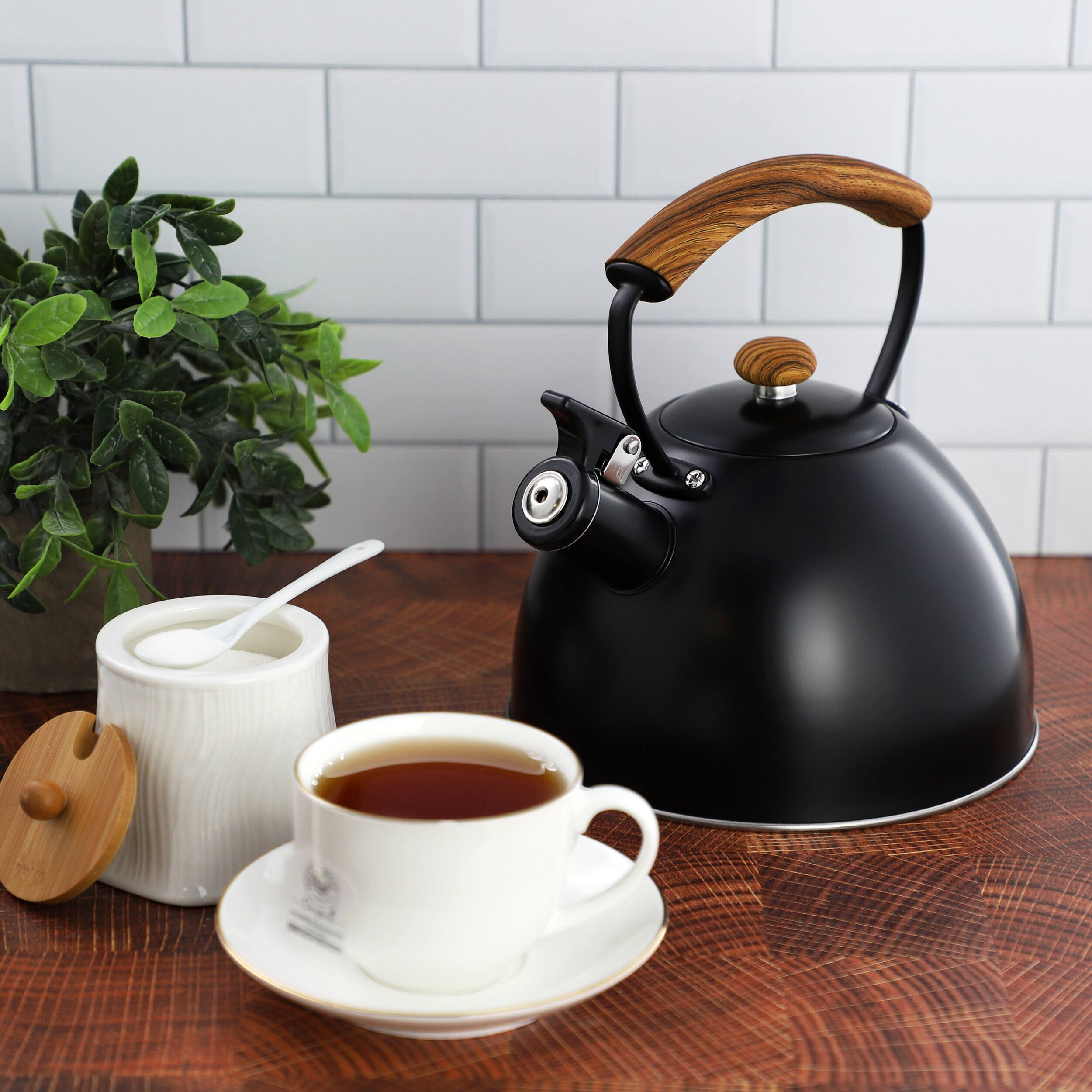 Alt View 3. MegaChef - MegaChef 3.2 Quart Whistling Tea Kettle with Wood Grain Nylon Cool Touch Handle, Matte Black - Black.