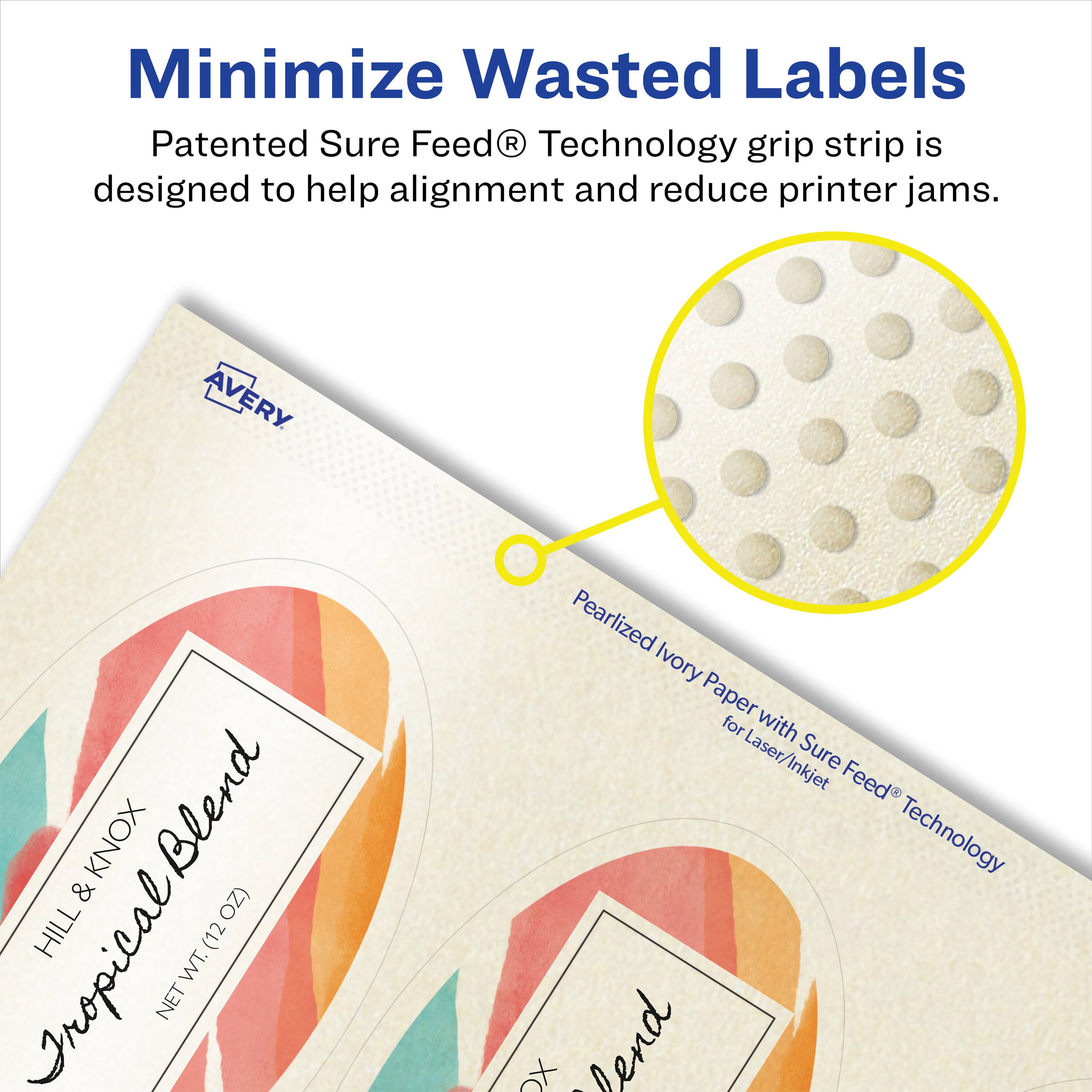 Minimize Wasted Labels

Patented Sure Feed® Technology grip strip is designed to help alignment and reduce printer jams.

AVERY KNOX HILL & KNOX HILL (12 WT.) Tropical Blend Pearlized Ivory Paper for Laser/Inkjet Laser, Sure Inkjet Feed Technology XO lend