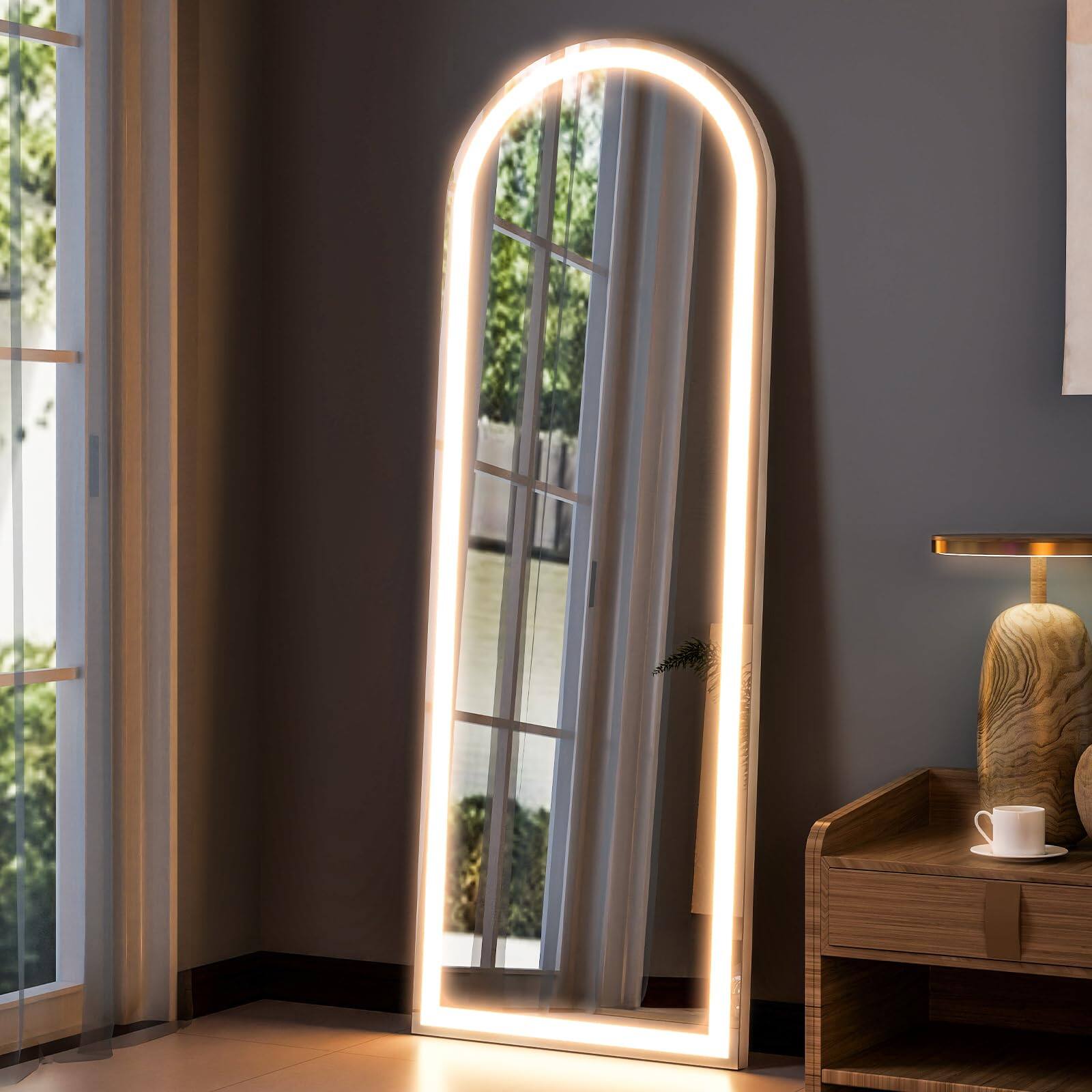 Alt View 4. Hanke - Arched Led Full Length Mirror Arch Floor Body Standing With Lights Dimming Wall Mounted Hanging Bedroom - Arched 64"L x 21"W.