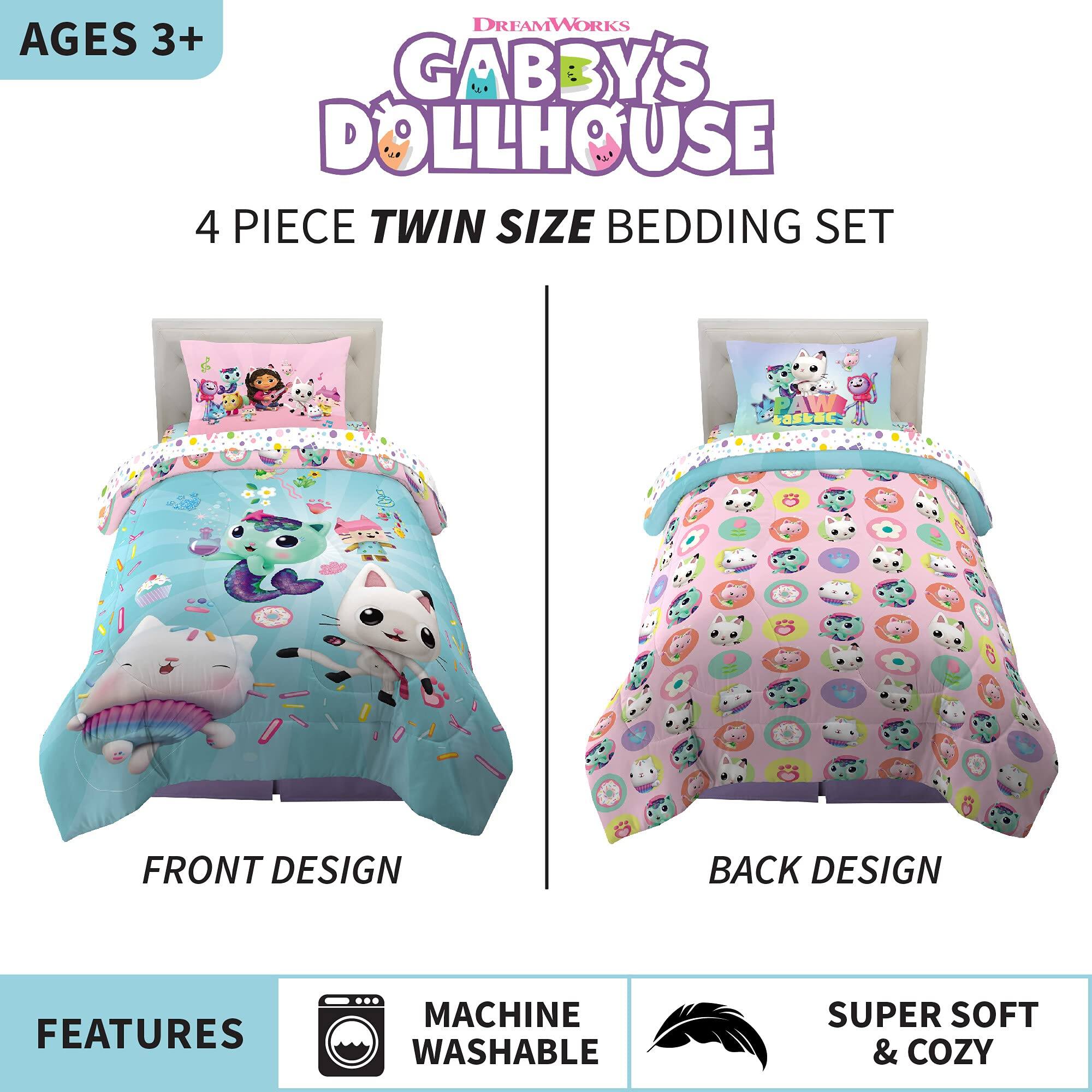 AGES 3+  
DREAMWORKS GABBY'S DOLLHOUSE  
4 PIECE TWIN SIZE BEDDING SET  

FRONT DESIGN  
BACK DESIGN  

FEATURES  
MACHINE WASHABLE  
SUPER SOFT & COZY