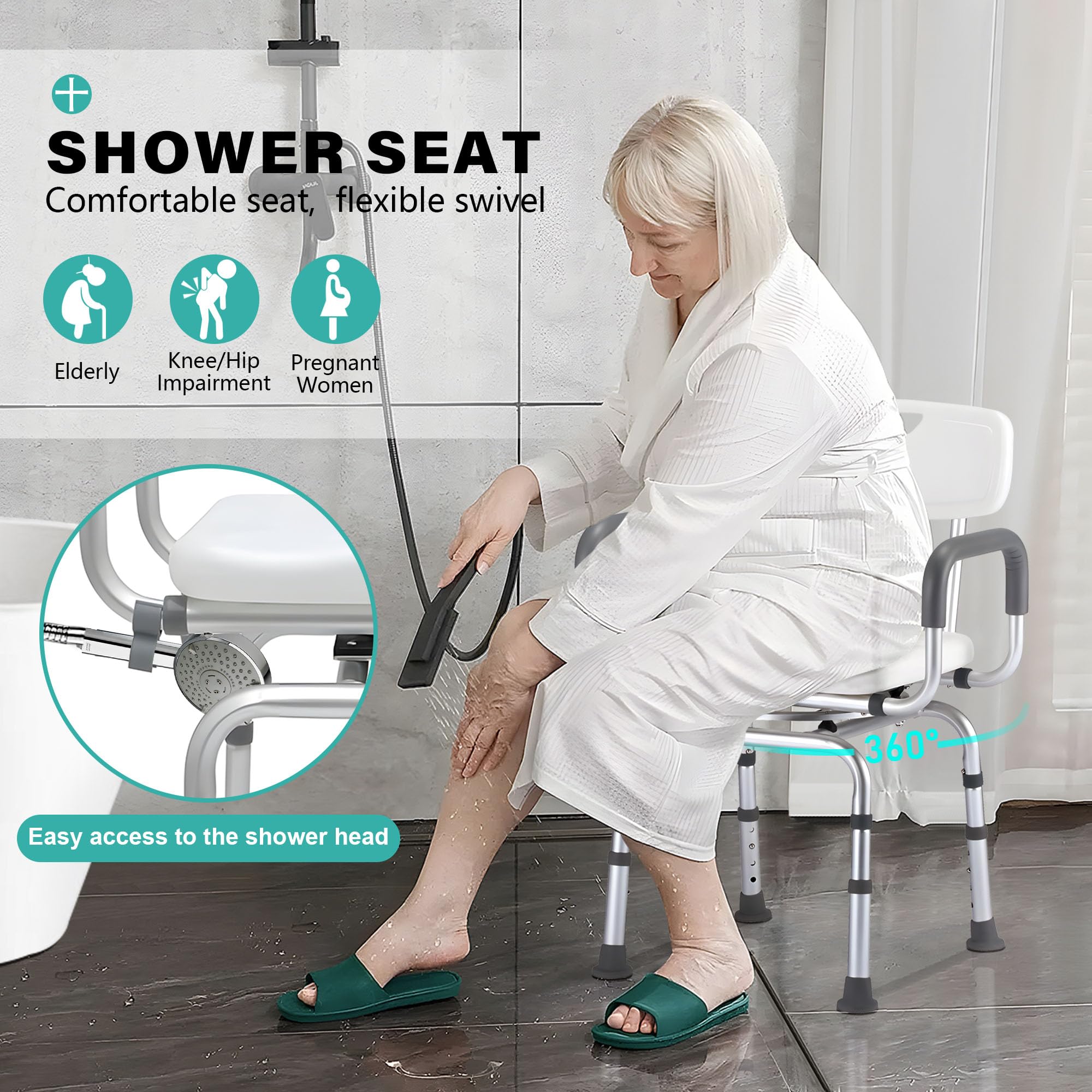 **SHOWER SEAT**  
Comfortable seat, flexible swivel

- Elderly
- Knee/Hip Impairment
- Pregnant Women

Easy access to the shower head

360°