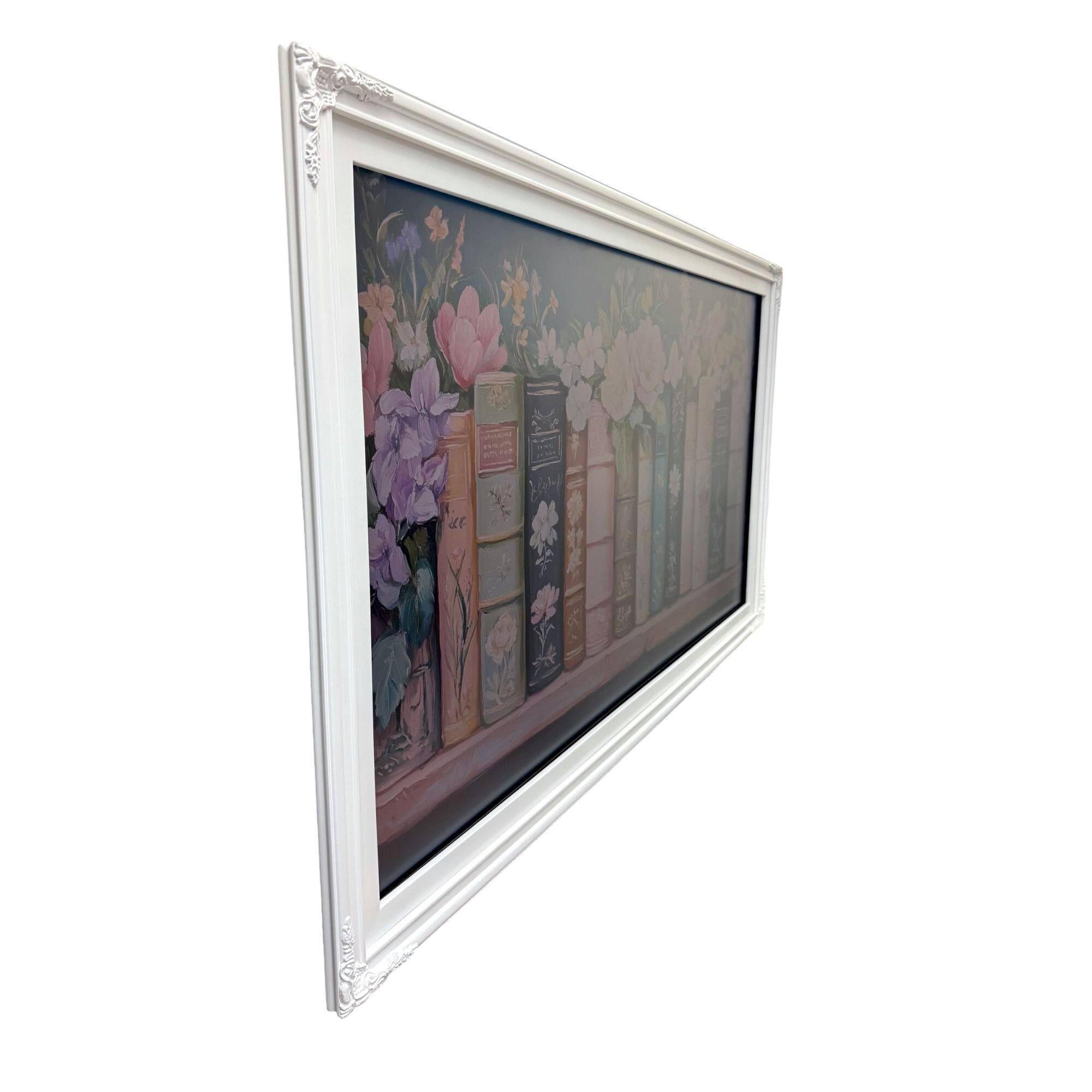 Angle. LAREDO FRAME FACTORY - 65 inch Hisense Canvas TV Ornate frame, Canvas TV by Hisense - SATIN WHITE FINISH.