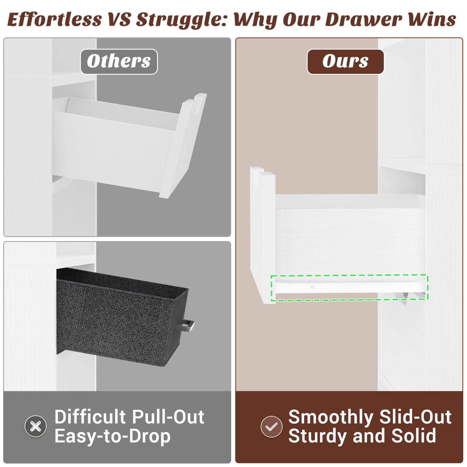 Effortless VS Struggle: Why Our Drawer Wins

Others
Difficult Pull-Out
Easy-to-Drop

Ours
Smoothly Slid-Out
Sturdy and Solid