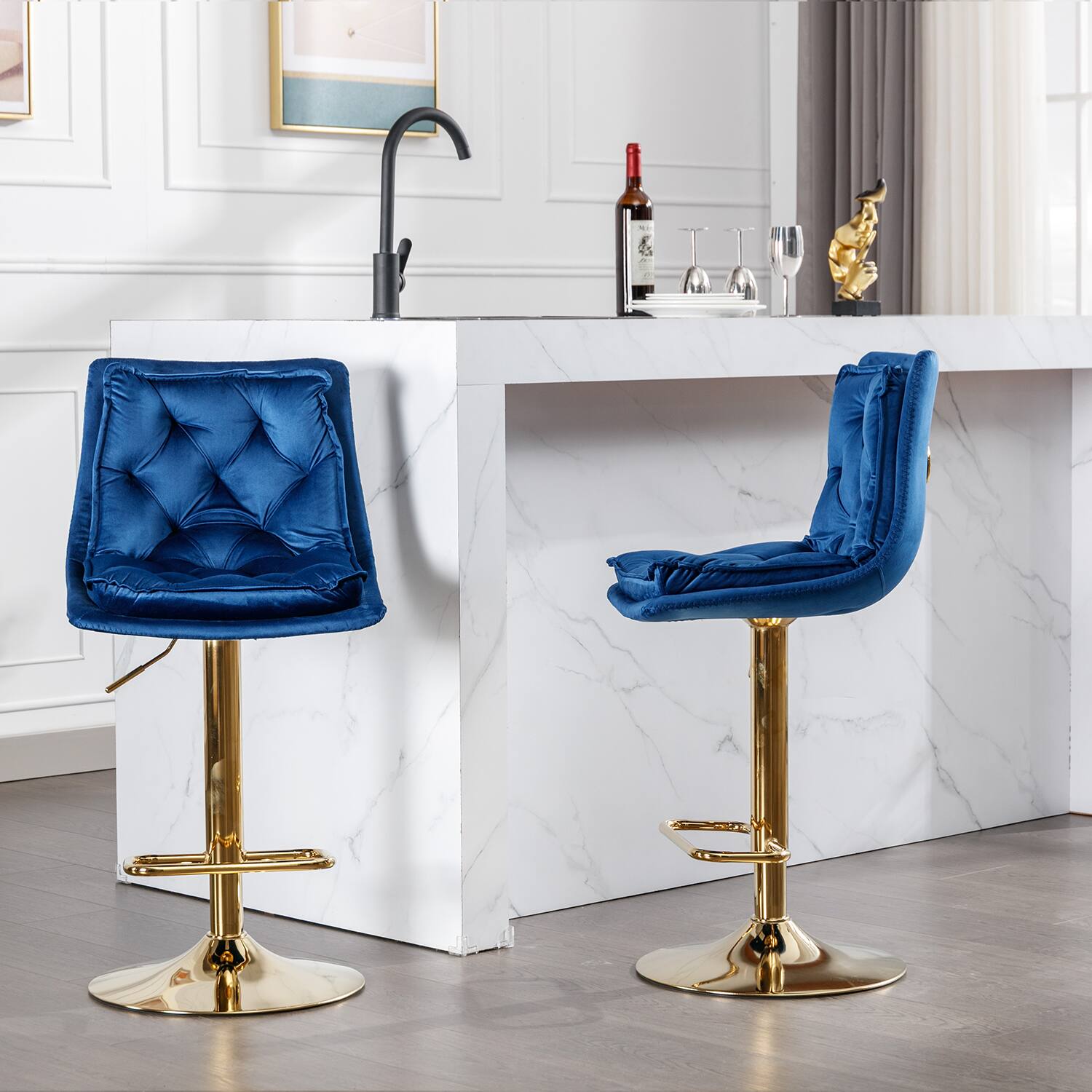 Left. Trinkets Crazed - Bar Stools Set of 2, Swivel Bar Chairs, Adjustable Barstools Counter Height with Backrest for Kitchen Island - Blue.