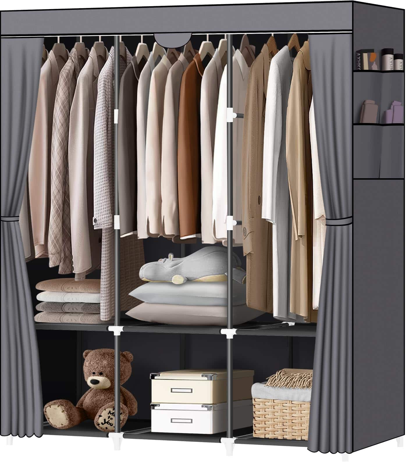Cedar Assembly - Portable Closet Closets For Hanging Clothes With 3 Rods And 6 Storage Shelves 4 Side Pockets Wardrobe Easy - Gray