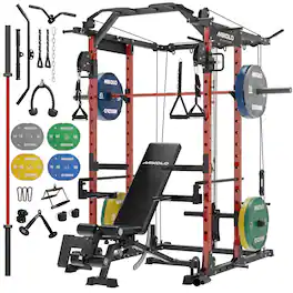 Mikolo - Power Rack Cage, 1500 lbs Weight Rack with Cable Crossover Machine, Multi-Function Squat Rack - Red
