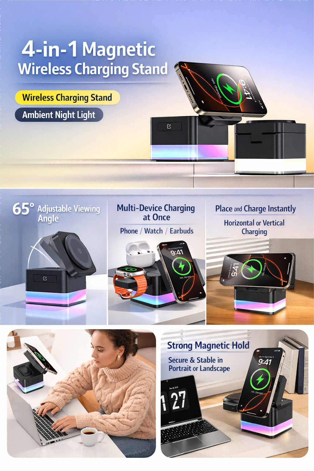 4-in-1 Magnetic Wireless Charging Stand

- Wireless Charging Stand
- Ambient Night Light

65° Adjustable Viewing Angle

Multi-Device Charging at Once
- Phone / Watch / Earbuds

Place and Charge Instantly
- Horizontal or Vertical Charging

Strong Magnetic Hold
- Secure & Stable in Portrait or Landscape