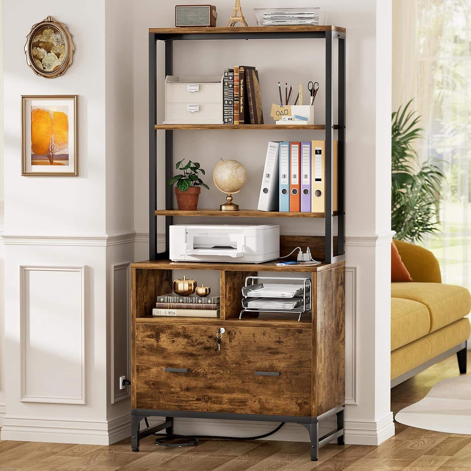 Aheaplus - Vertical File Cabinet with Charging Station, Lock & Large Drawer - Printer Stand, Shelves for Letter/A4/Legal - Rustic Brown