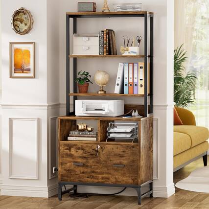 Front. Aheaplus - Vertical File Cabinet with Charging Station, Lock & Large Drawer - Printer Stand, Shelves for Letter/A4/Legal - Rustic Brown.