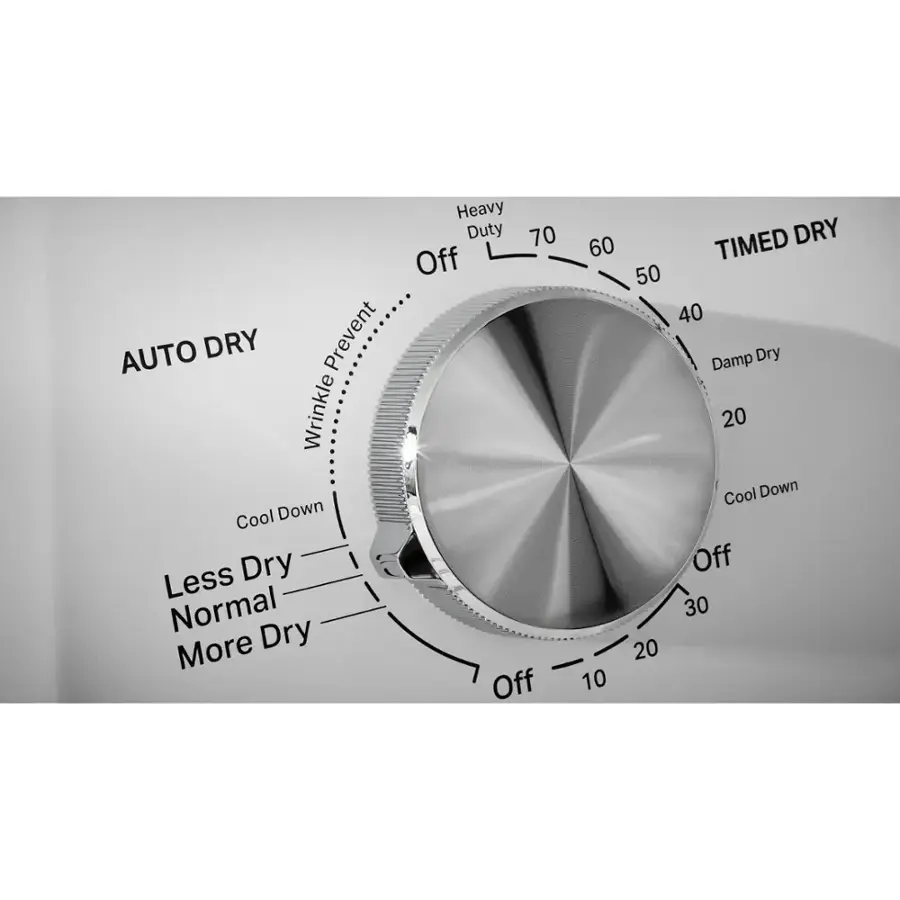 The text on the image can be grouped and corrected as follows:

1. Auto Dry: Prevent Wrinkle
2. Cool Down: Less Dry
3. Normal: More Dry
4. Heavy Duty: 70
5. Off: Off
6. Timed Dry: 50
7. Damp Dry: 40
8. Cool Down: Off
9. Off: 30
10. 20: 20
11. 10: 10