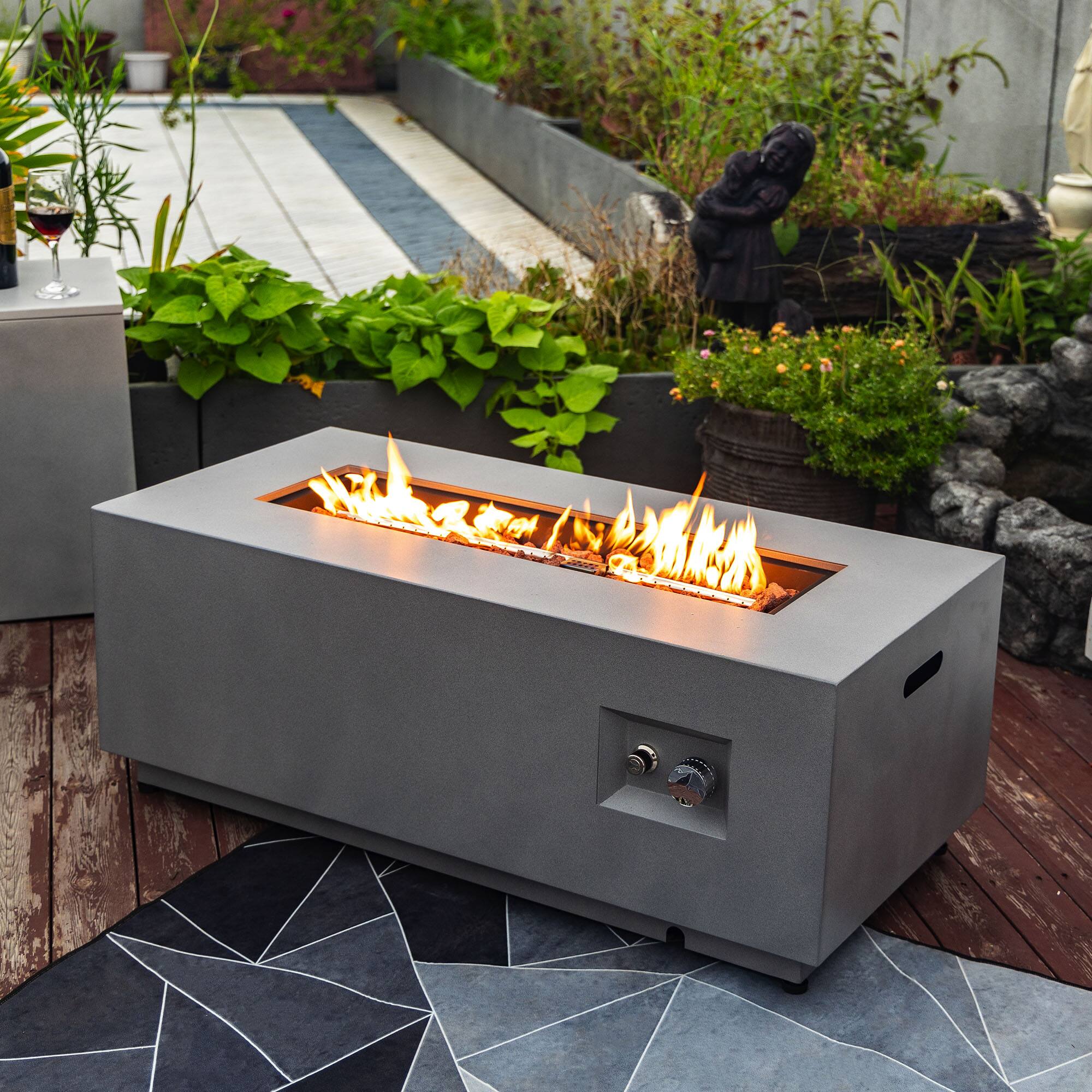 Front. Aukfa - 42" Propane Gas Fire Pit Table 2-Piece - 50000 BTU Rectangular Steel with Glass Wind Guard for Patio.