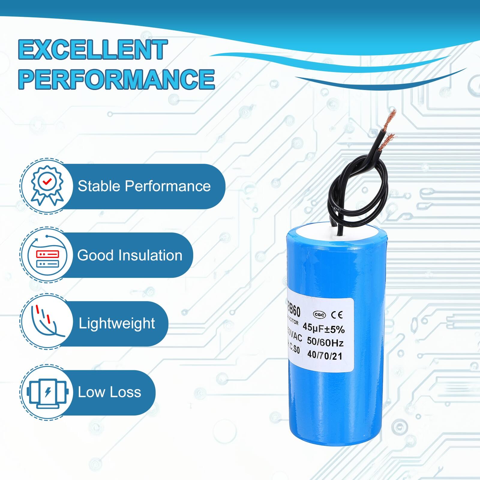 EXCELLENT PERFORMANCE

- Stable Performance
- Good Insulation
- Lightweight
- Low Loss

3860 CAC CE FIOTOR NAC 45F5% 1C 50/60Hz C.90 40/70/21