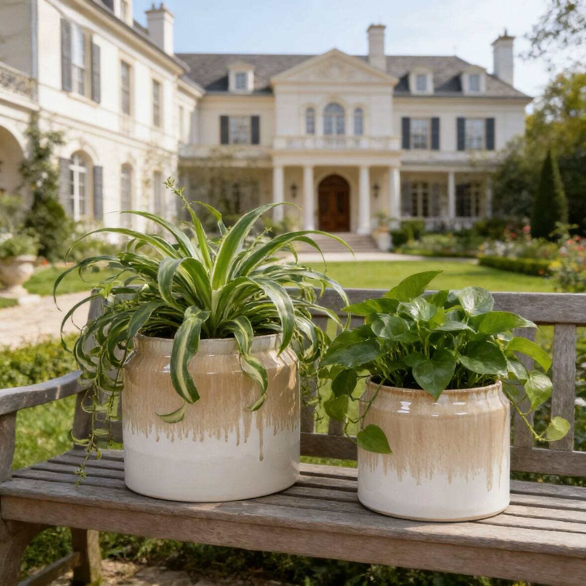 Angle. Loheer - Loheer Ceramic Planter Set, Handmade Beige Drip Glaze Plant Pots Set of 2, 6 in and 8 in Indoor Outdoor Clay Planters.