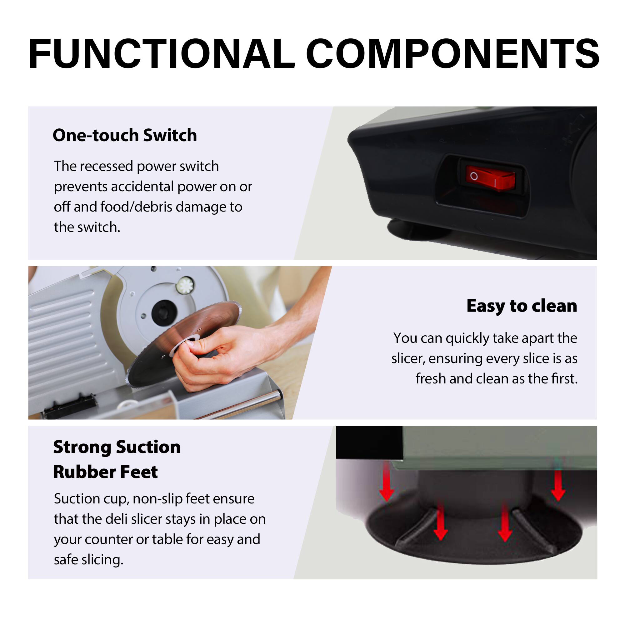 **FUNCTIONAL COMPONENTS**

**One-touch Switch**  
The recessed power switch prevents accidental power on or off and food/debris damage to the switch.

**Easy to clean**  
You can quickly take apart the slicer, ensuring every slice is as fresh and clean as the first.

**Strong Suction Rubber Feet**  
Suction cup, non-slip feet ensure that the deli slicer stays in place on your counter or table for easy and safe slicing.