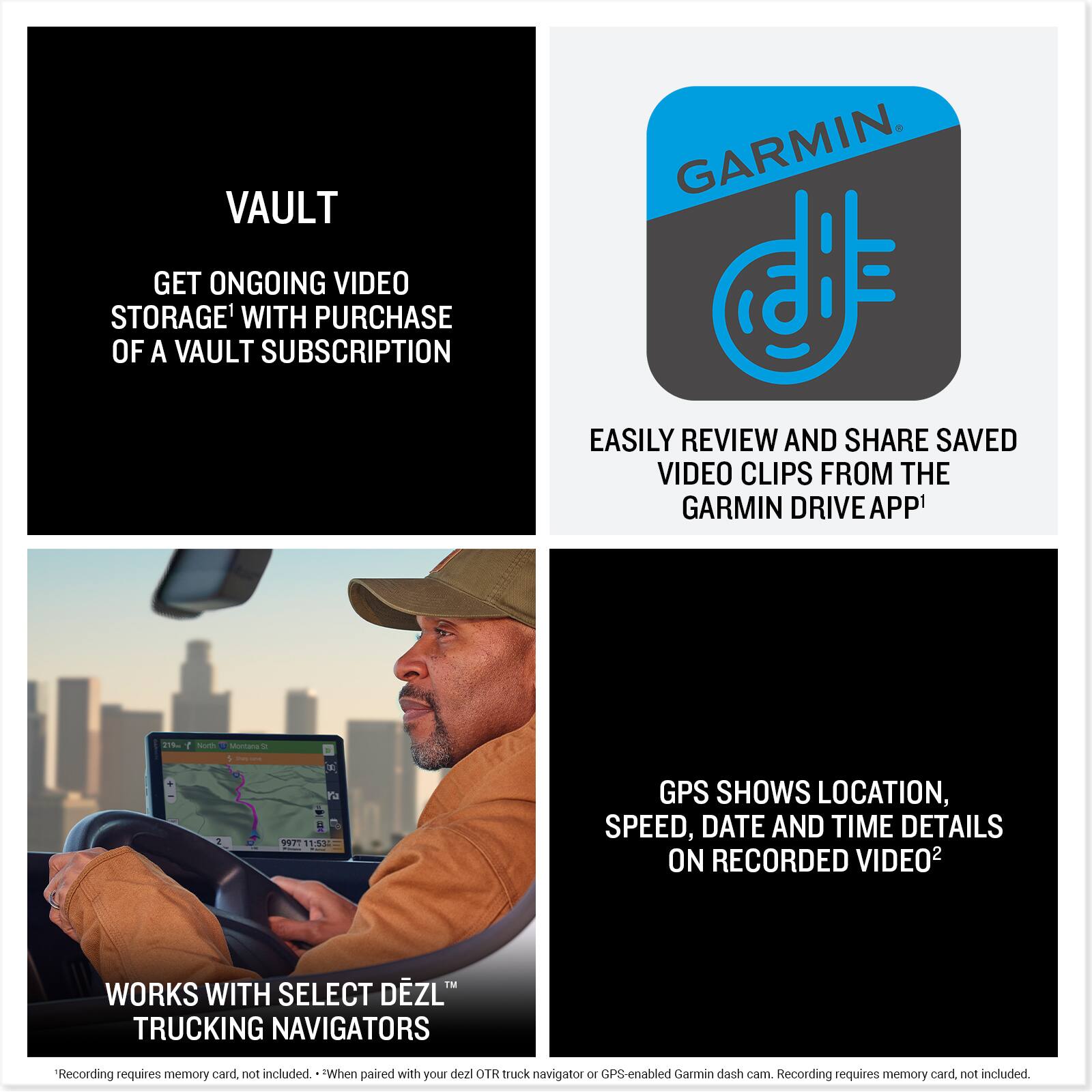 VAULT GARMIN. GET ONGOING VIDEO STORAGE WITH PURCHASE OF A VAULT SUBSCRIPTION. EASILY REVIEW AND SHARE SAVED VIDEO CLIPS FROM THE GARMIN DRIVE APP. 1. GPS SHOWS LOCATION, SPEED, DATE AND TIME DETAILS ON RECORDED VIDEO. 2. WORKS WITH SELECT DÉZL TRUCKING NAVIGATORS. Recording requires memory card, not included. When paired with your dézi OTR truck navigator or GPS-enabled Garmin dash cam. Recording requires memory card, not included.