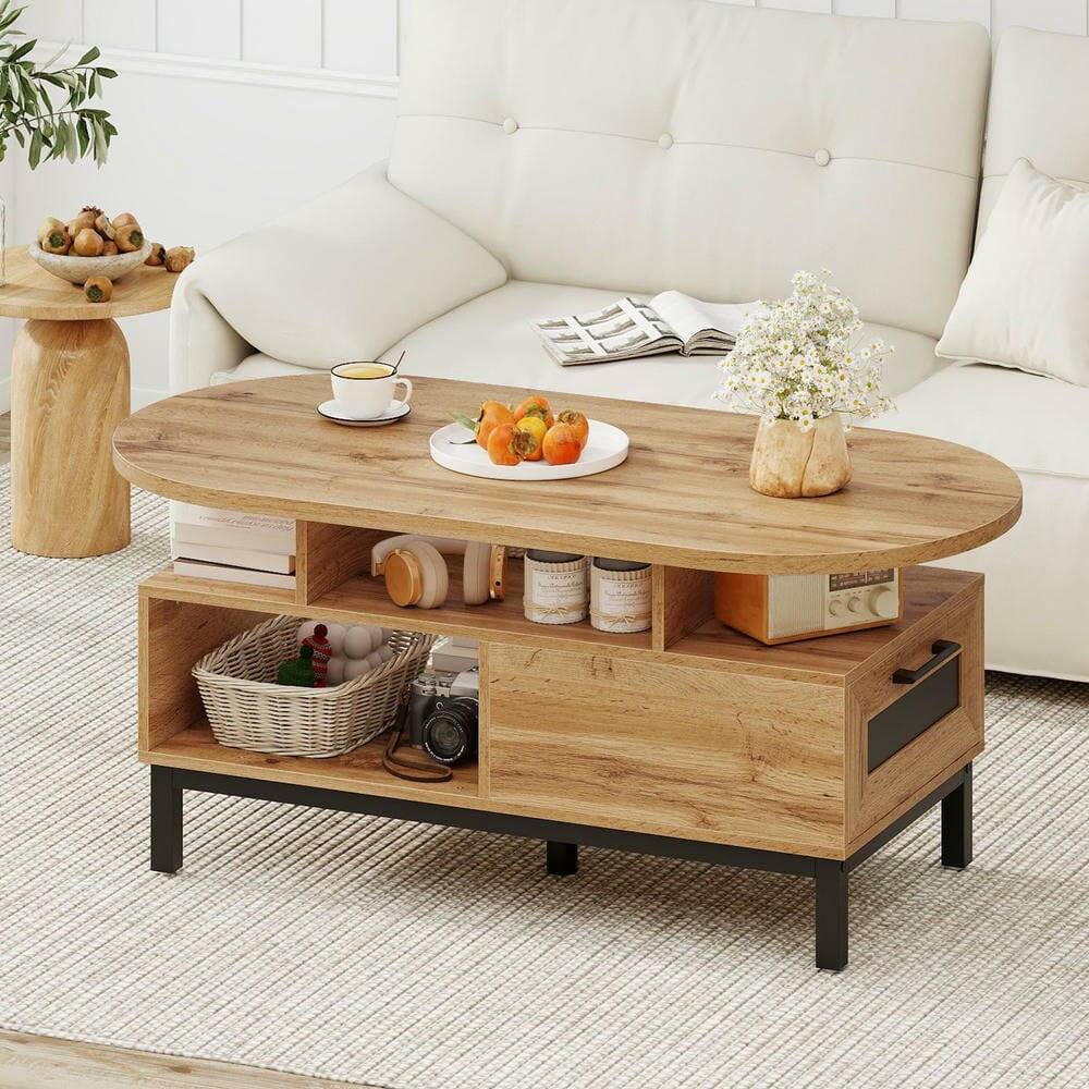 Angle. Kadyn - 47" Oval Coffee Table with Storage Compartment and Open Shelf, Natural Finish - Brown.