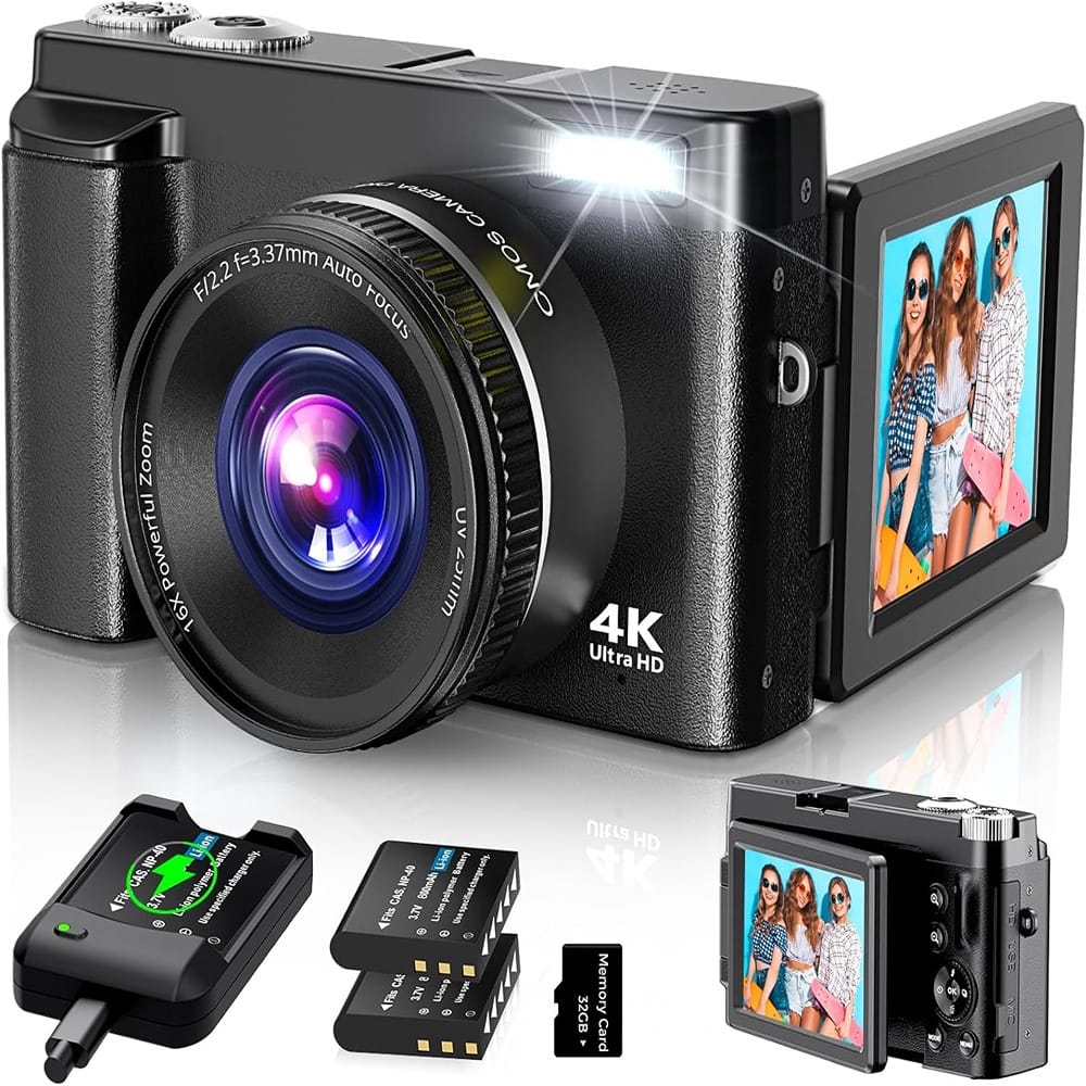 ACJPR - 4K Digital Camera, 48MP, 16X Zoom, 180° Flip Screen, Anti-Shake (Black)