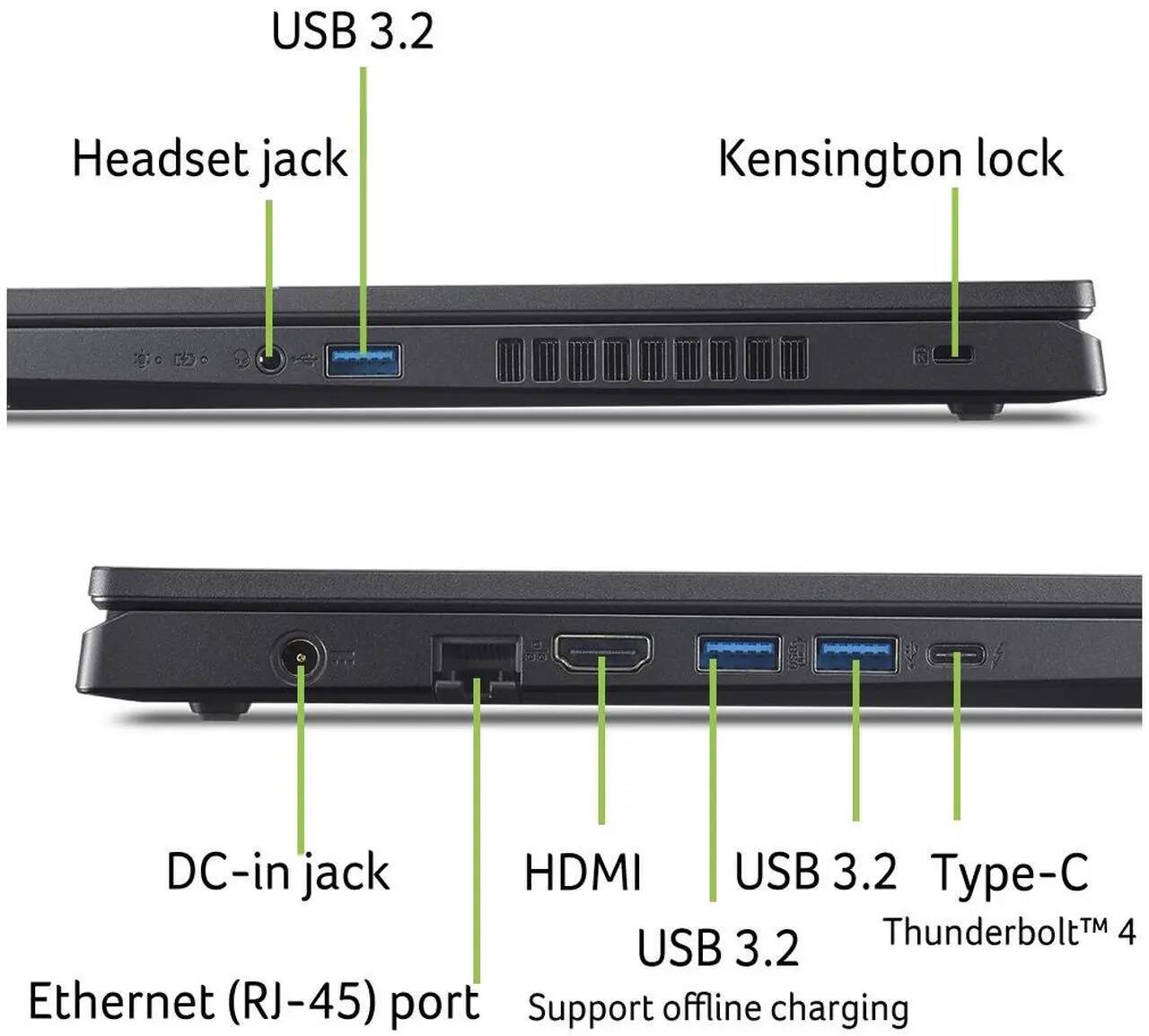 - USB 3.2
- Headset jack
- Kensington lock
- DC-in jack
- HDMI
- USB 3.2 Type-C
- USB 3.2
- Thunderbolt™ 4
- Ethernet (RJ-45) port
- Support offline charging