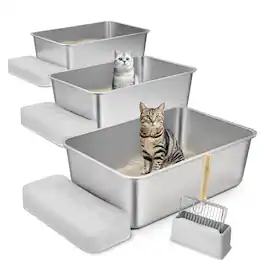 VEVOR - Cat Litter Box, 8 inches Deep, XL Extra Large Stainless Steel Cat Litter Box with Scoop - Silver