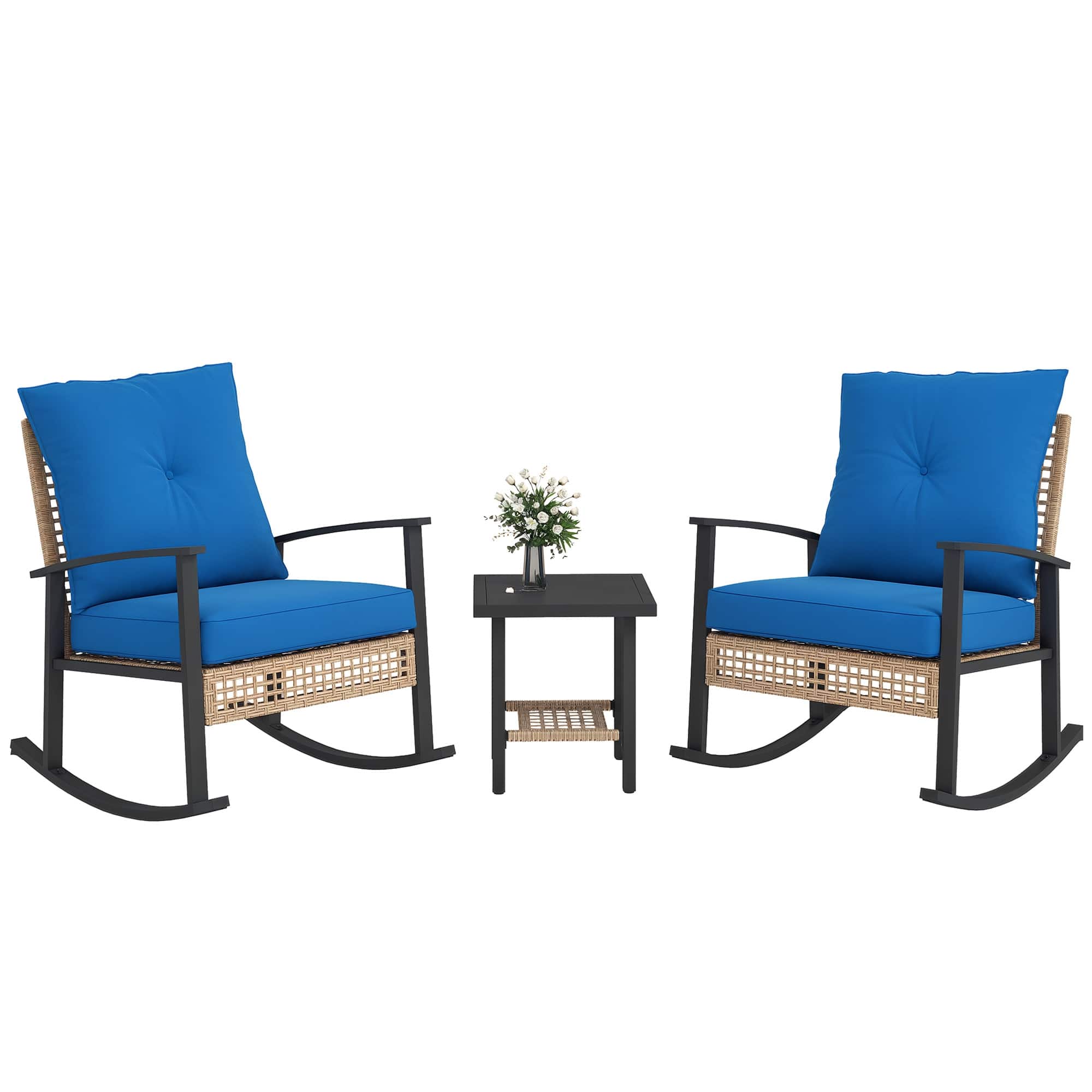 Outsunny - Pieces Bistro Set, Patio Wicker Furniture Set with Button Tufted Cushions, Rattan Rocking Chairs - Blue