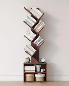 Dazzed Corner - 6 Tier Tree Bookshelf, Small Bookcase with Storage Cabinet - Cherry