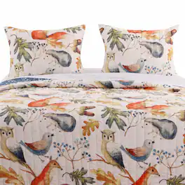 Hivvago - Full/Queen Blue Beige Birds Animals Floral Microfiber Reversible Quilt Set - Beige, Orange, Blue, Green