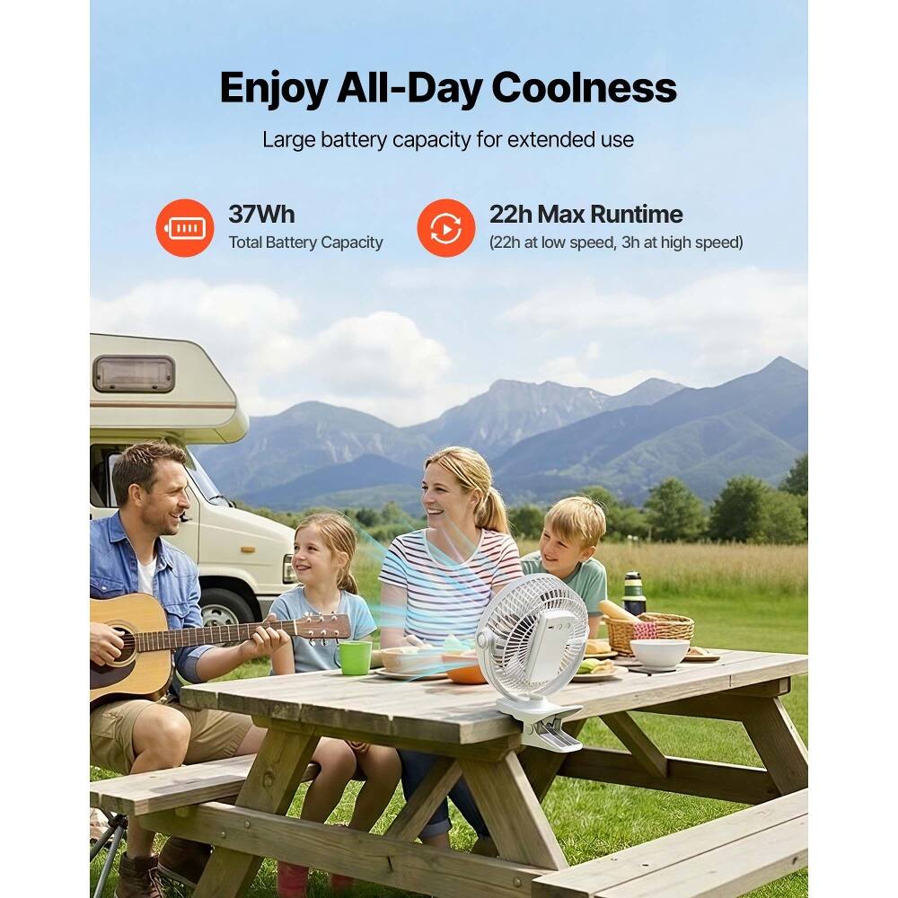 Enjoy All-Day Coolness  
Large battery capacity for extended use  
37Wh Total Battery Capacity  
22h Max Runtime (22h at low speed, 3h at high speed)
