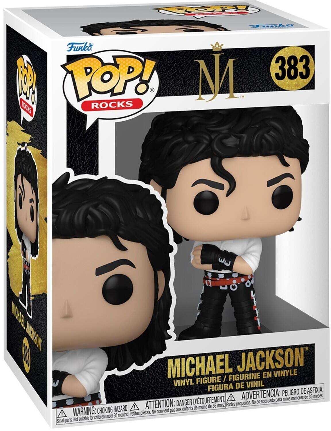 **Front:**
- Funko POP! Rocks
- Michael Jackson
- Vinyl Figure / Figurine en Vinyle / Figura de Vinil
- Warning: Choking Hazard. Small parts. Not suitable for children under 36 months. / Attention: Danger d'étouffement. Petites pièces. Ne convient pas aux enfants de moins de 36 mois. / Advertencia: Peligro de asfixia. Piezas pequeñas. No es adecuado para niños menores de 36 meses.

**Side:**
- Michael Jackson
- 383

**Top:**
- Funko
- 383

**Back:**
- Michael Jackson
- 383