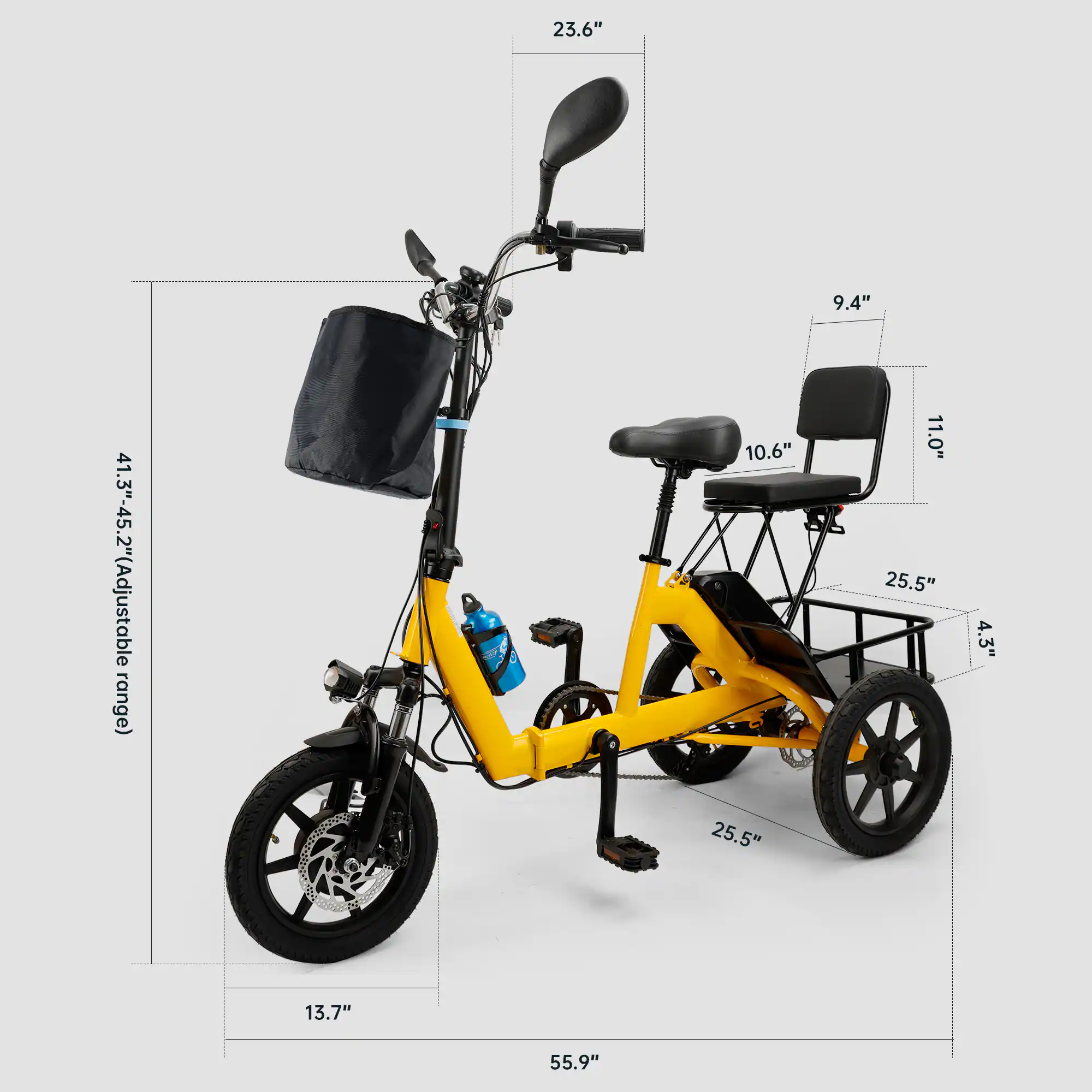 23.6"  
9.4"  
41.3"-45.2" (Adjustable range)  
10.6"  
11.0"  
25.5"  
4.3"  
25.5"  
13.7"  
55.9"
