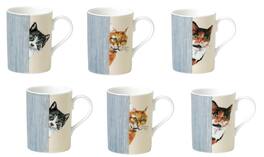 Jiallo - Roy Kirkham LUCY MUG-CAT THROUGH THE DOOR, Set of 6, Bone China Ceramic, Made in England - Mutli color