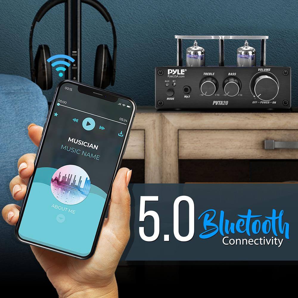 T41118 1LTR 00.15 00.00  
PYLE' PyleUSA.com AUX D1 Mp3 MODE TREBLE BASS 1 +50 16 50 PVTA20 VOLUME OFF POWTR ON 05/24 MUSIC MUSICIAN NAME ABOUT ME 5.0 Bluetooth Connectivity

5.0 Bluetooth Connectivity