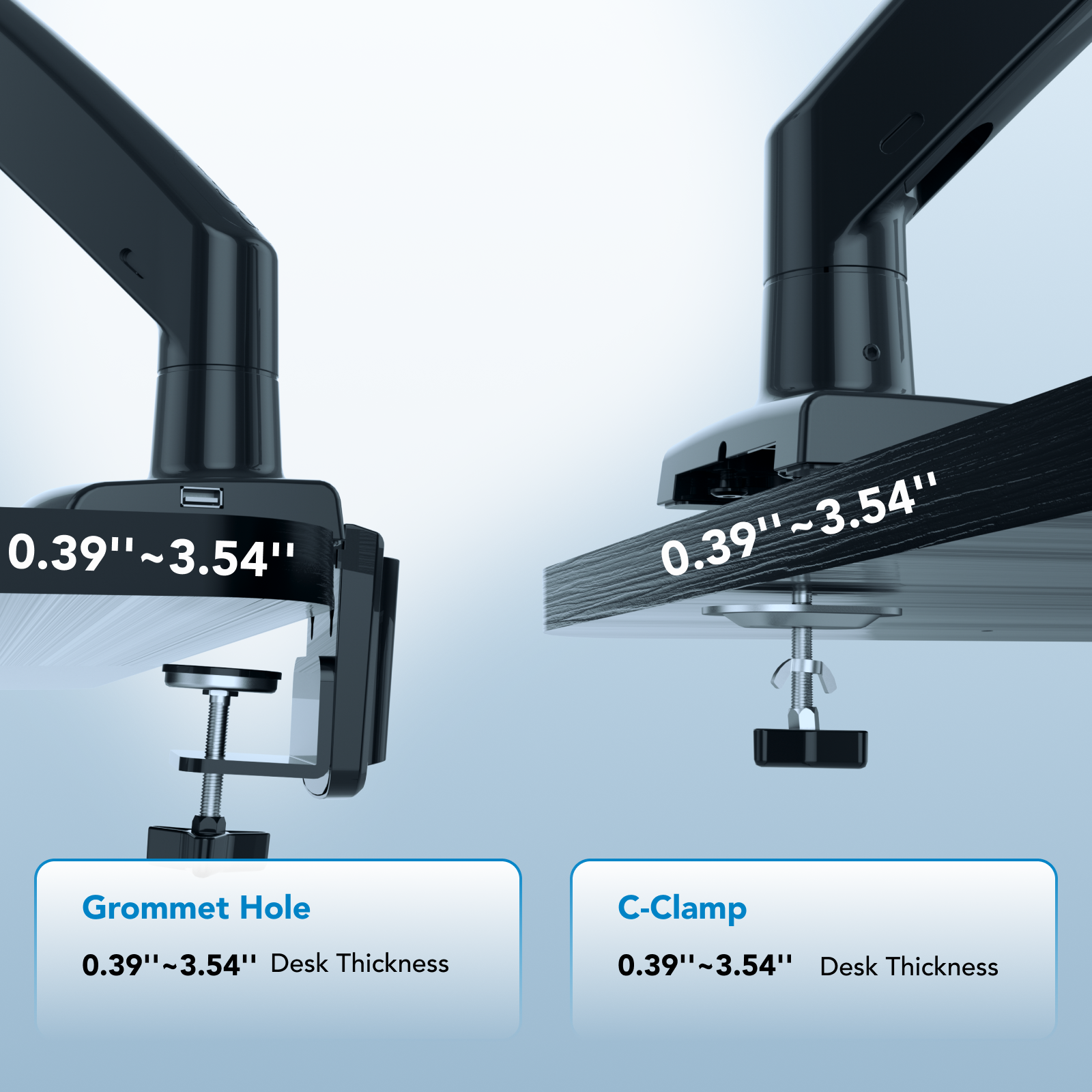 The text on the image is grouped and corrected as follows:

1. Grommet Hole: 0.39"~3.54" Desk Thickness
2. C-Clamp: 0.39"~3.54" Desk Thickness