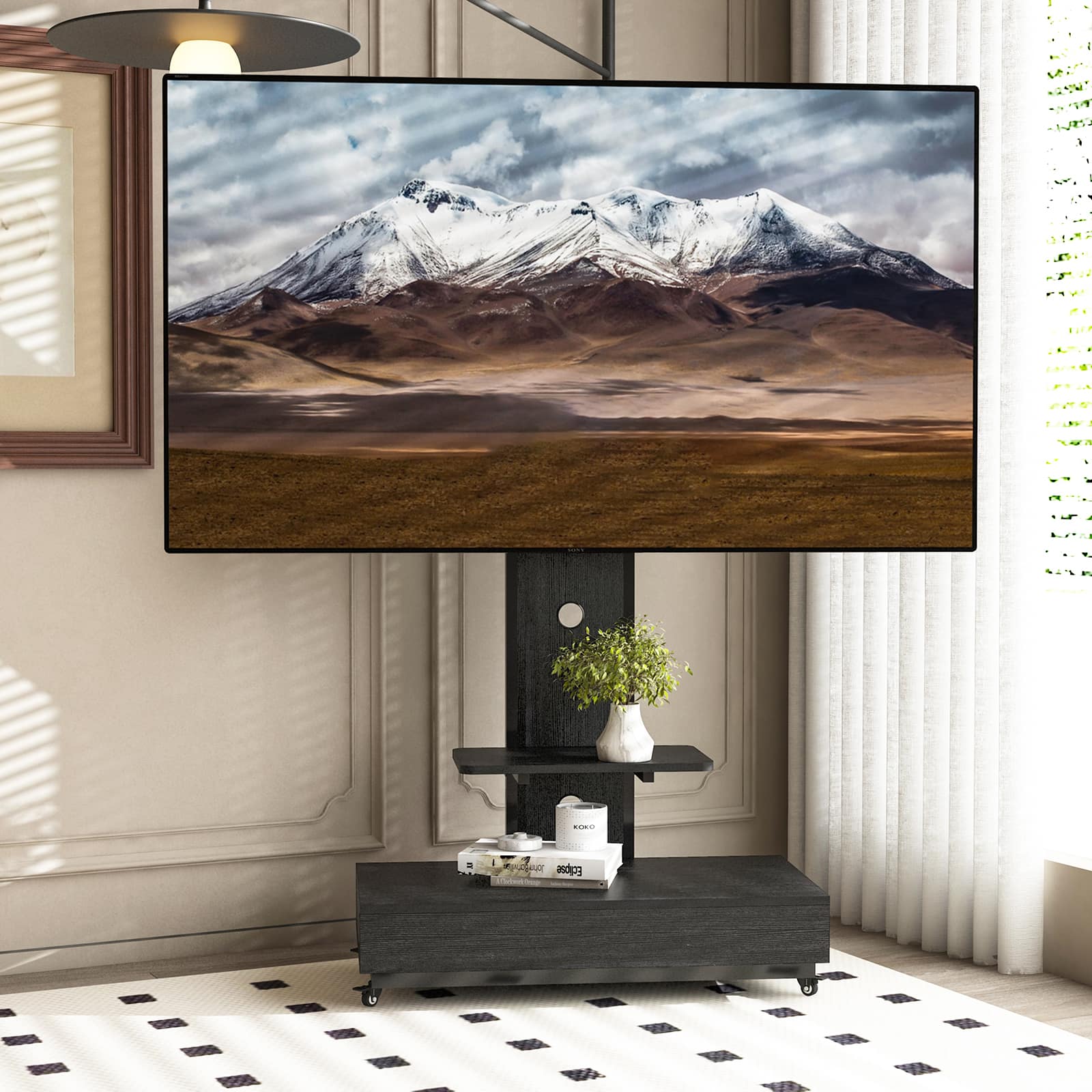 Chateau Abodes - Mobile TV Stand Cart for 32-75 inch TVs with Push-Pull Drawer, Wood & Glass Design on Lockable Wheels - Black