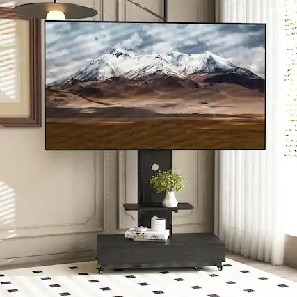 Front. Chateau Abodes - Mobile TV Stand Cart for 32-75 inch TVs with Push-Pull Drawer, Wood & Glass Design on Lockable Wheels - Black.