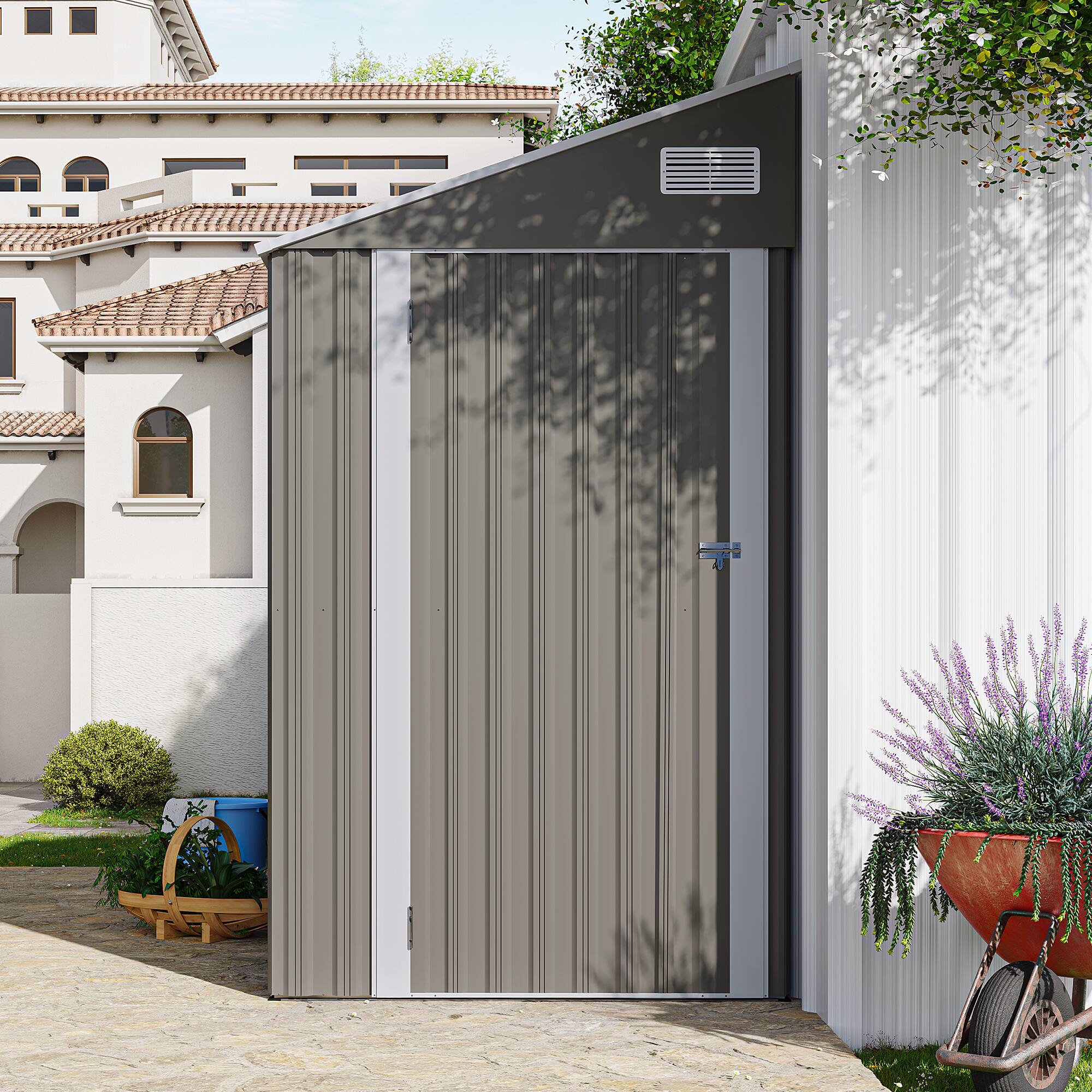 Alt View 4. Loheer - Loheer 4x8 Metal Storage Shed Dark Gray Backyard Garden Tool Shed Waterproof Outdoor Equipment Storage with Sloping Roof.