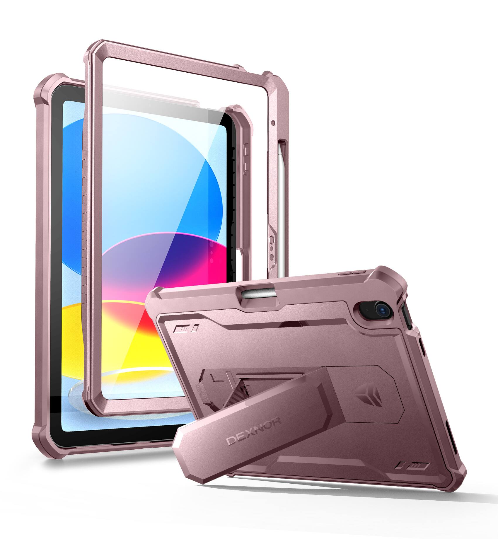 Left. Dexnor - For iPad 10th Gen/ipad 11th Gen Case with Built-in Screen Protector, Pencil Holder Heavy Duty Shockproof Full Body Cover - Peony Pink.