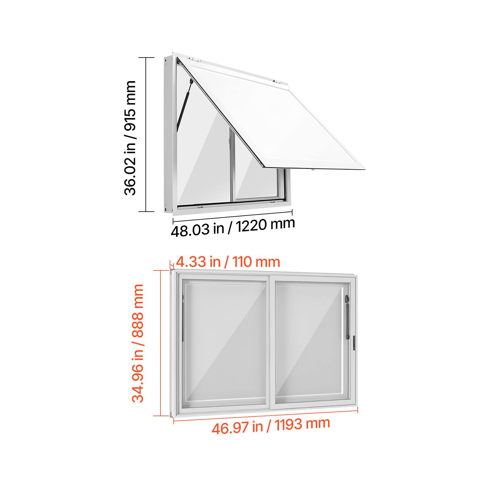 36.02 in / 915 mm  
48.03 in / 1220 mm  
4.33 in / 110 mm  
34.96 in / 888 mm  
46.97 in / 1193 mm