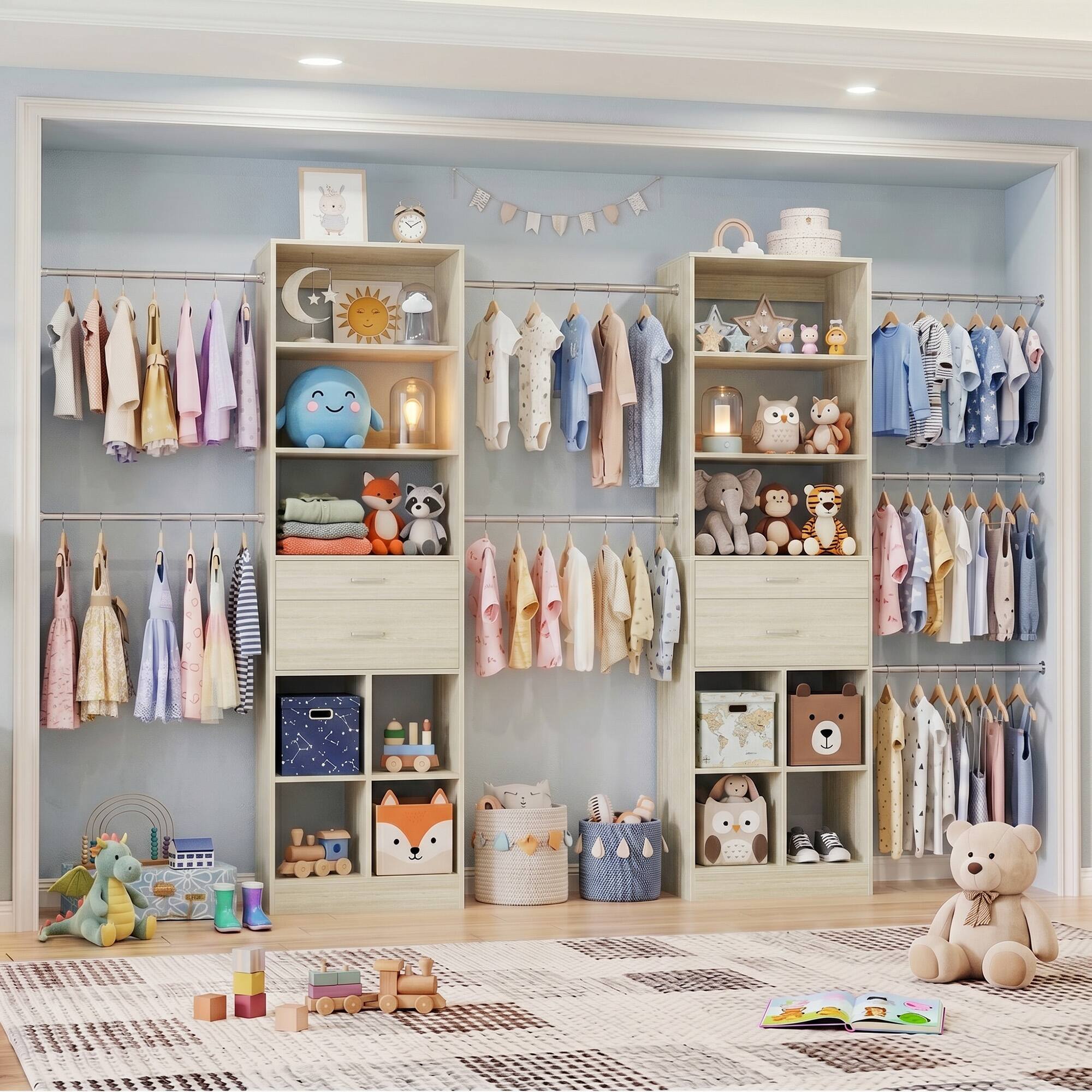 Alt View 1. Aheaplus - Small Closet System, 3.2-6.8FT Adjustable Closet Organizer with 2 Drawers & 5 Hanging Rods - White Oak.