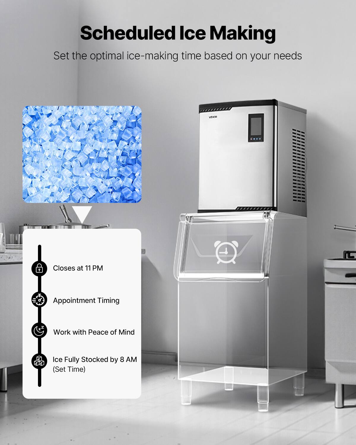 Scheduled Ice Making  
Set the optimal ice-making time based on your needs

- Closes at 11 PM
- Appointment Timing
- Work with Peace of Mind
- Ice Fully Stocked by 8 AM (Set Time)