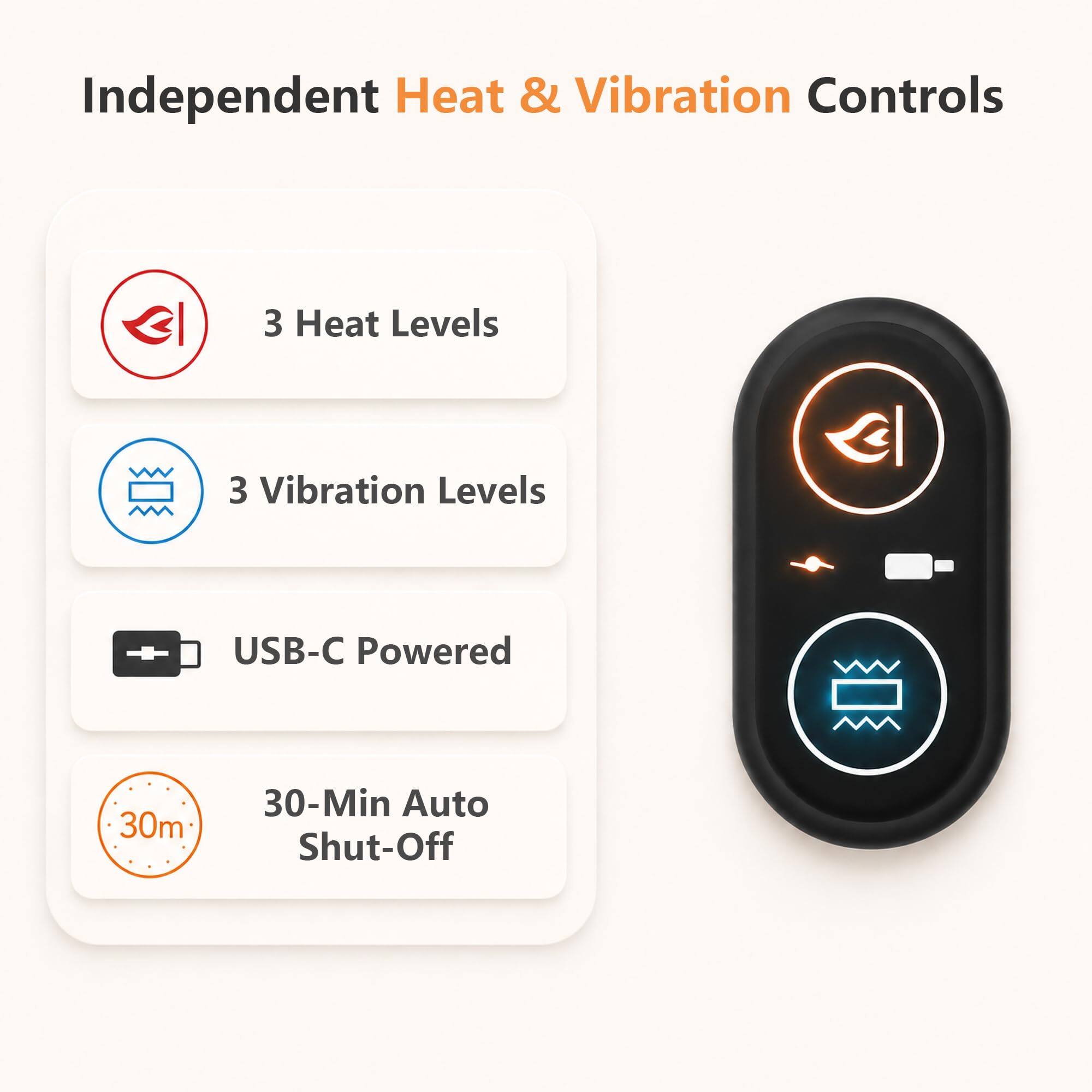Independent Heat & Vibration Controls

- 3 Heat Levels
- 3 Vibration Levels
- USB-C Powered
- 30-Min Auto Shut-Off